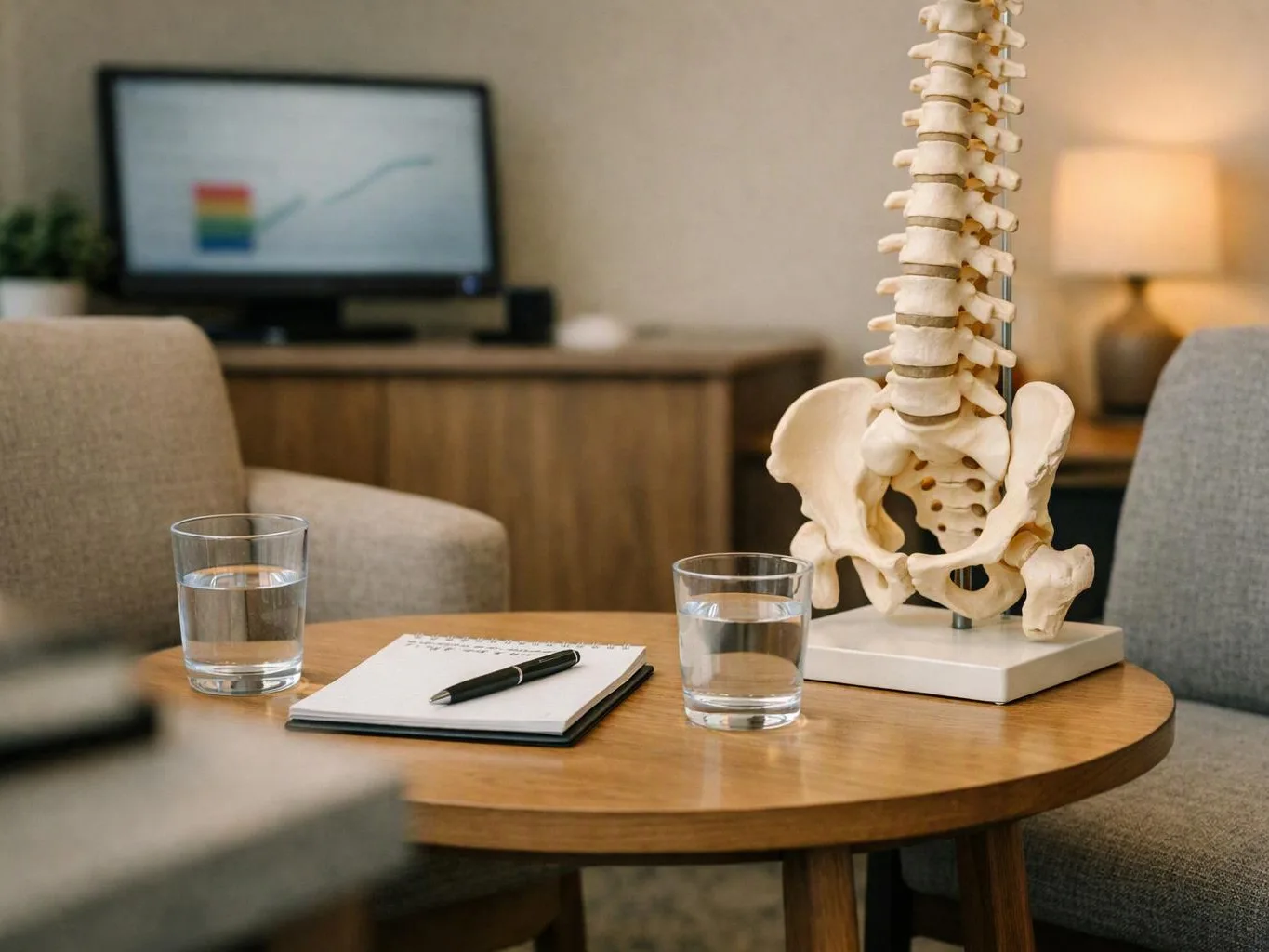 A clinic waiting room shows a spine model beside water glasses, a notepad, and a pen on a round table