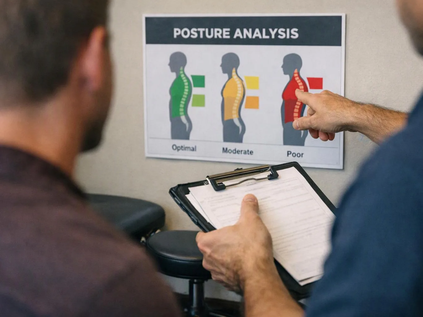 A clinician points at a posture analysis chart while holding a clipboard beside a seated patient