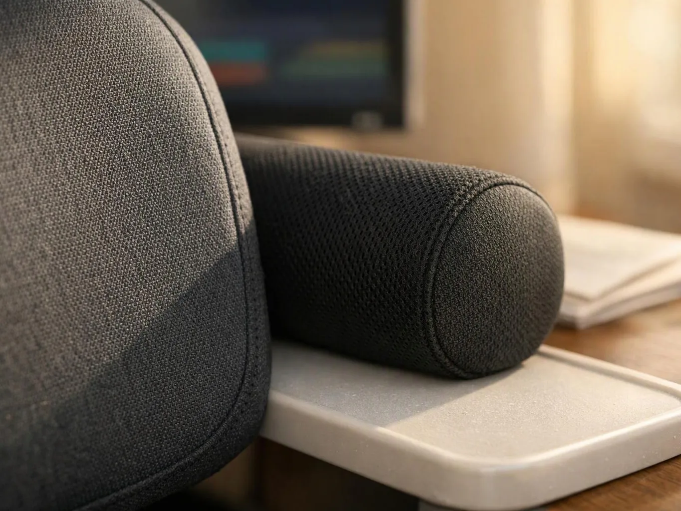 Close-up of a gray fabric chair with a black armrest beside a wooden table in warm light