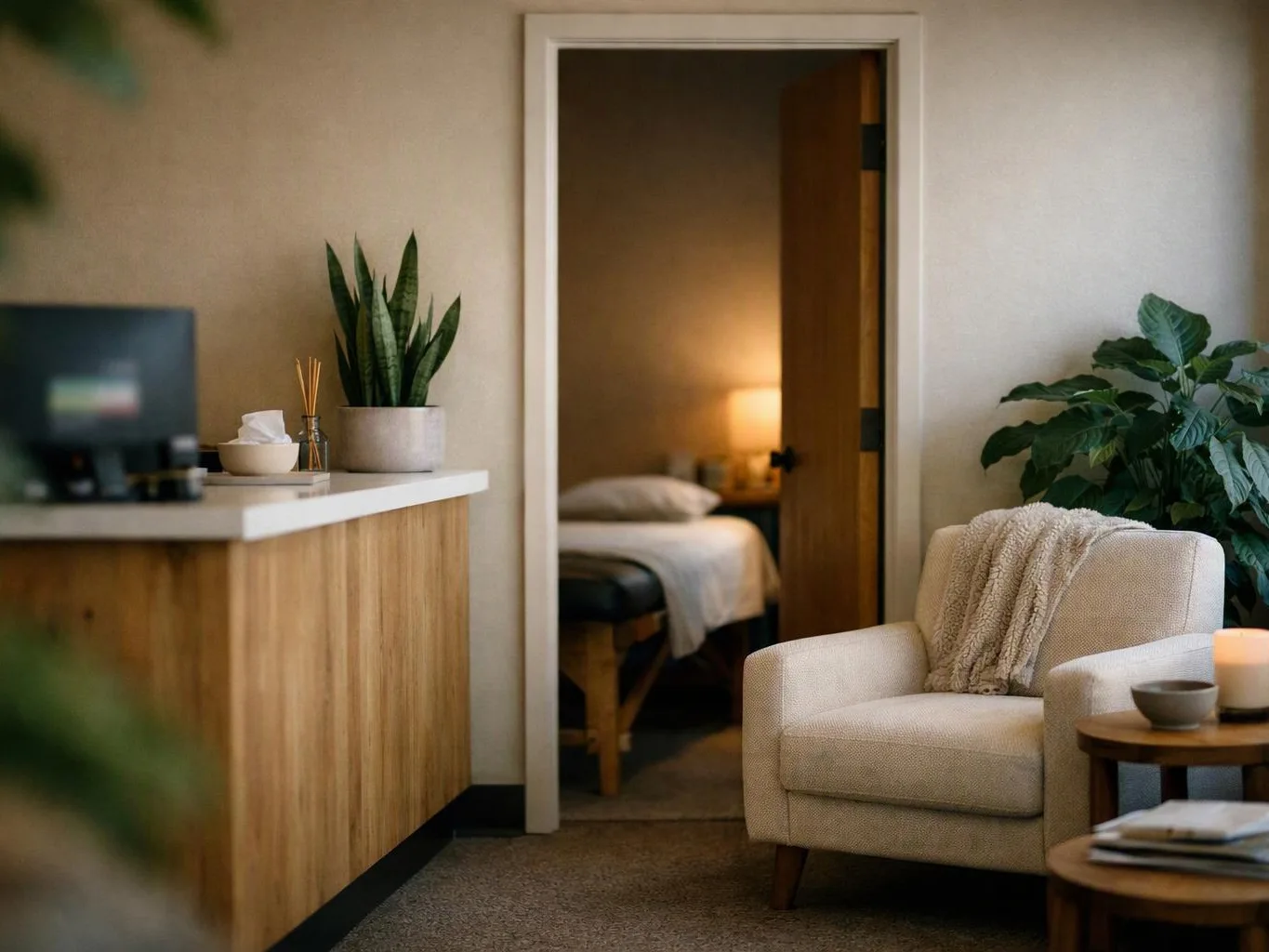 A cozy waiting room has a beige chair, wooden counter, plants, and an open doorway to a lit treatment room