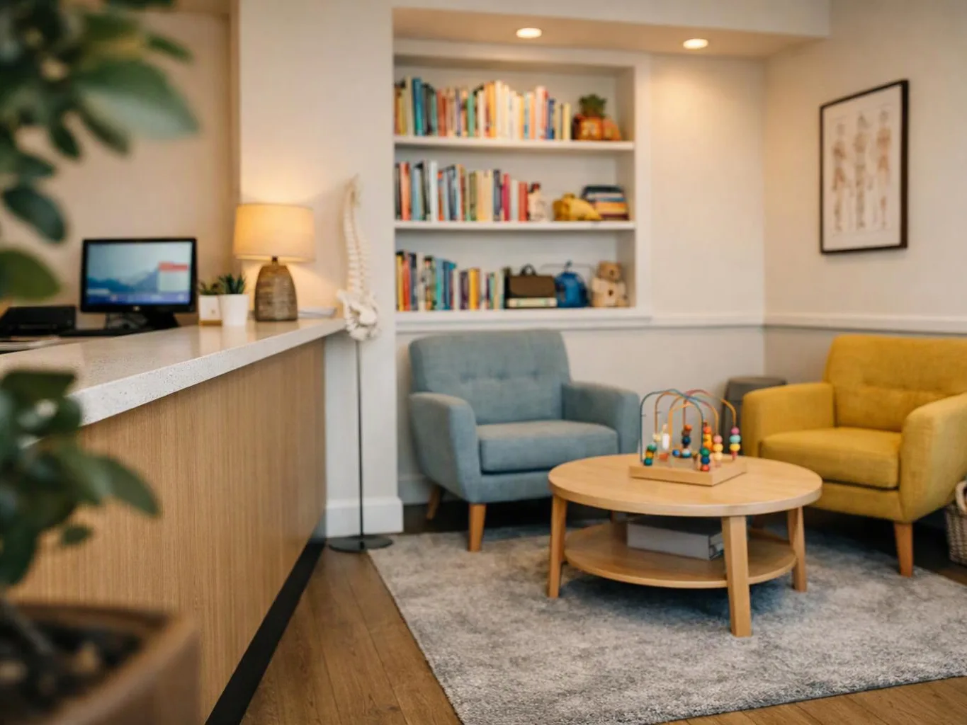 A cozy waiting room shows two armchairs, a round coffee table, bookshelves, and a reception counter with a lamp