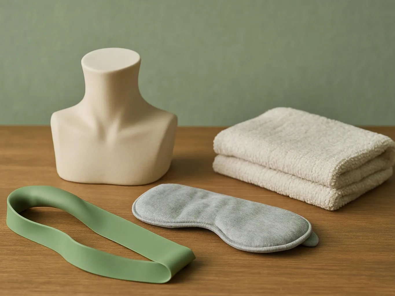 A cream neck mannequin, folded towels, a green stretch band, and a gray eye mask sit on a wooden table