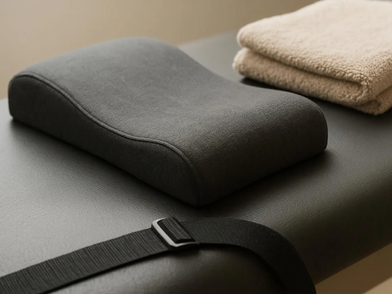 A dark gray cushion sits on a padded table beside folded beige towels and a black strap