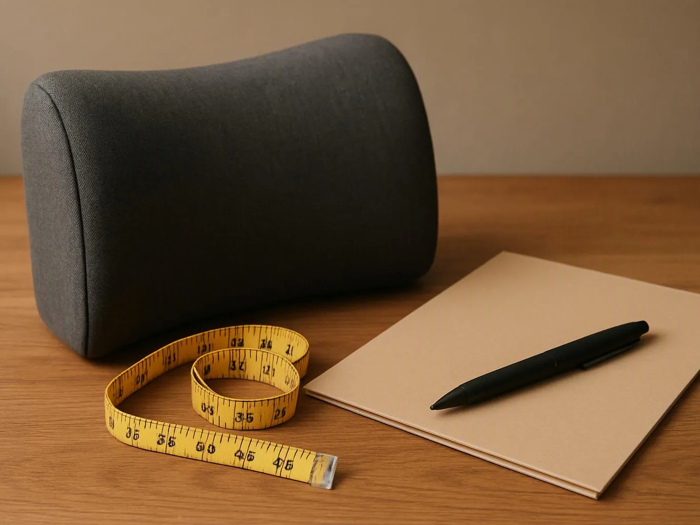 A dark rectangular cushion sits on a wooden table beside a yellow measuring tape, notepad, and pen