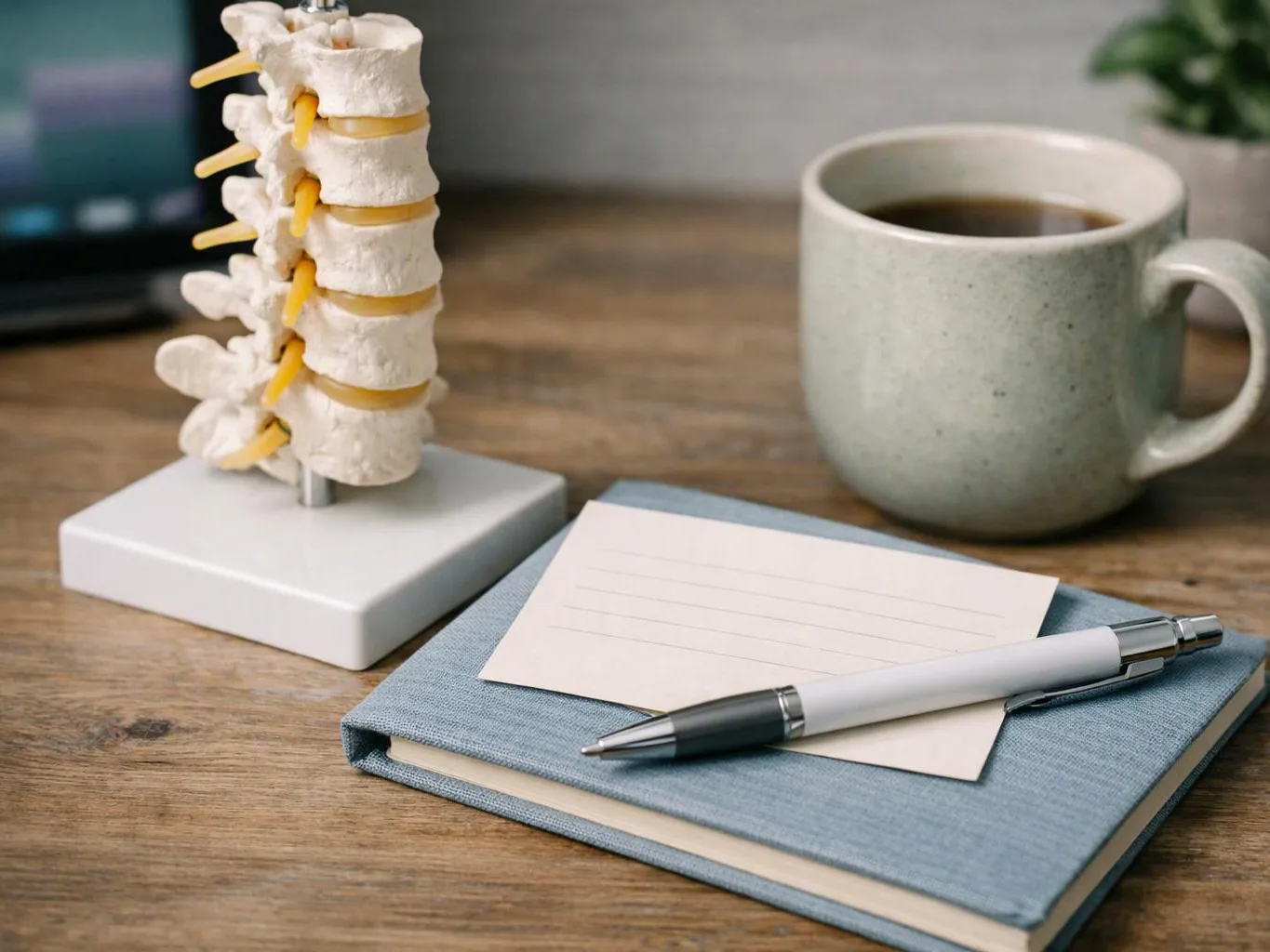 A desk holds a spine model, a coffee mug, and a notebook with a pen and blank card