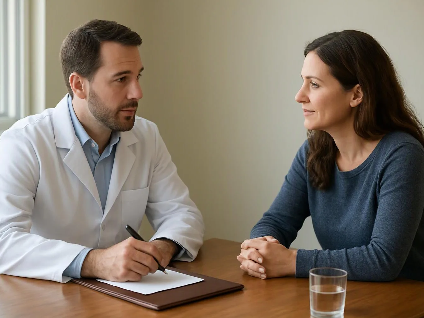 A doctor in a white coat talks with a woman across a table while writing on a clipboard