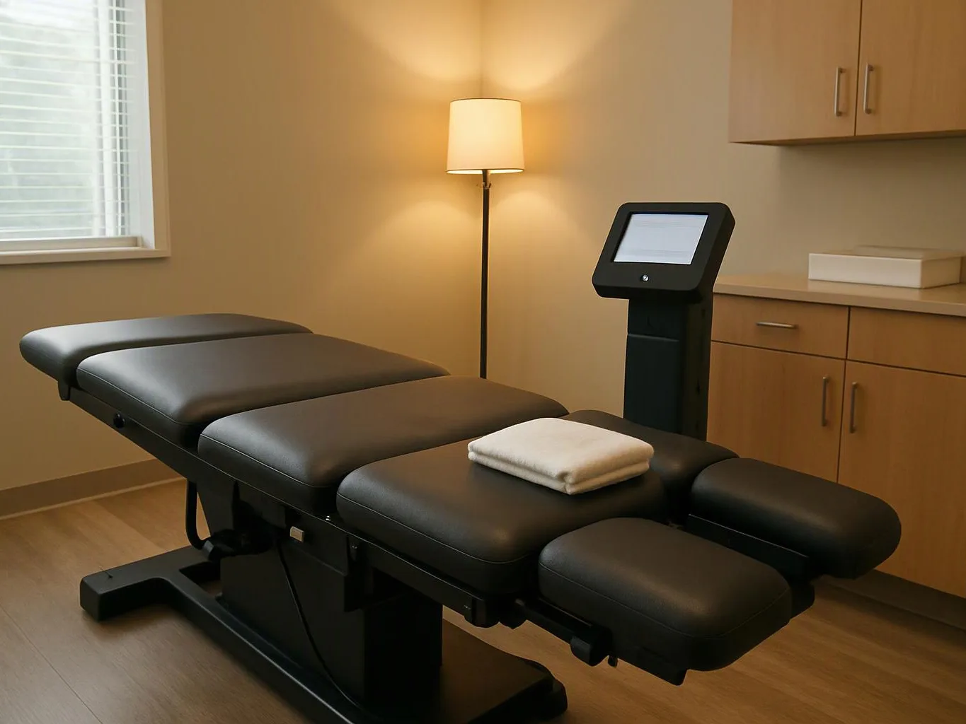 An empty treatment room shows a black exam table, a lit floor lamp, and wood cabinets with a screen stand