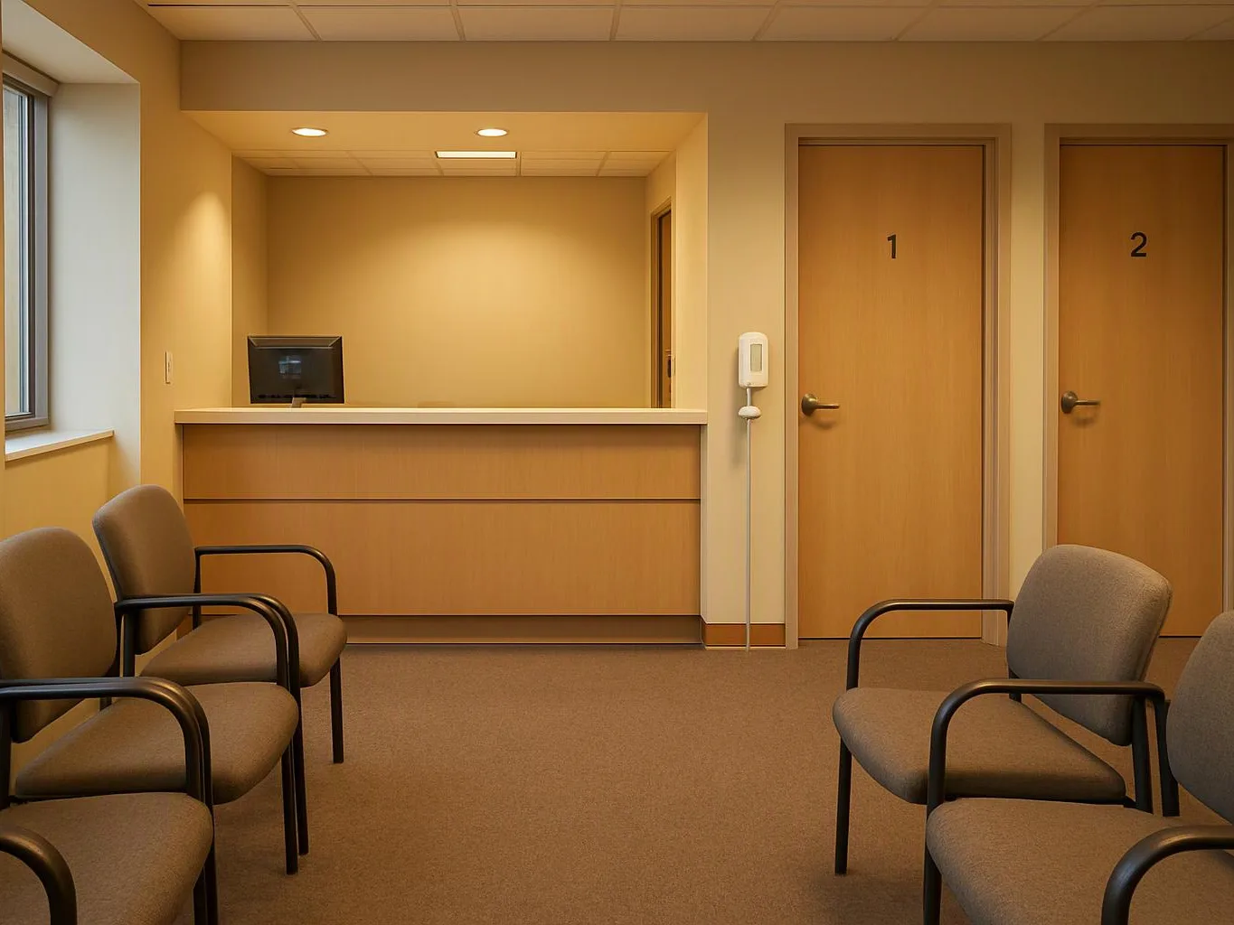 Empty waiting room with chairs, a reception desk, and two numbered doors under warm indoor lighting
