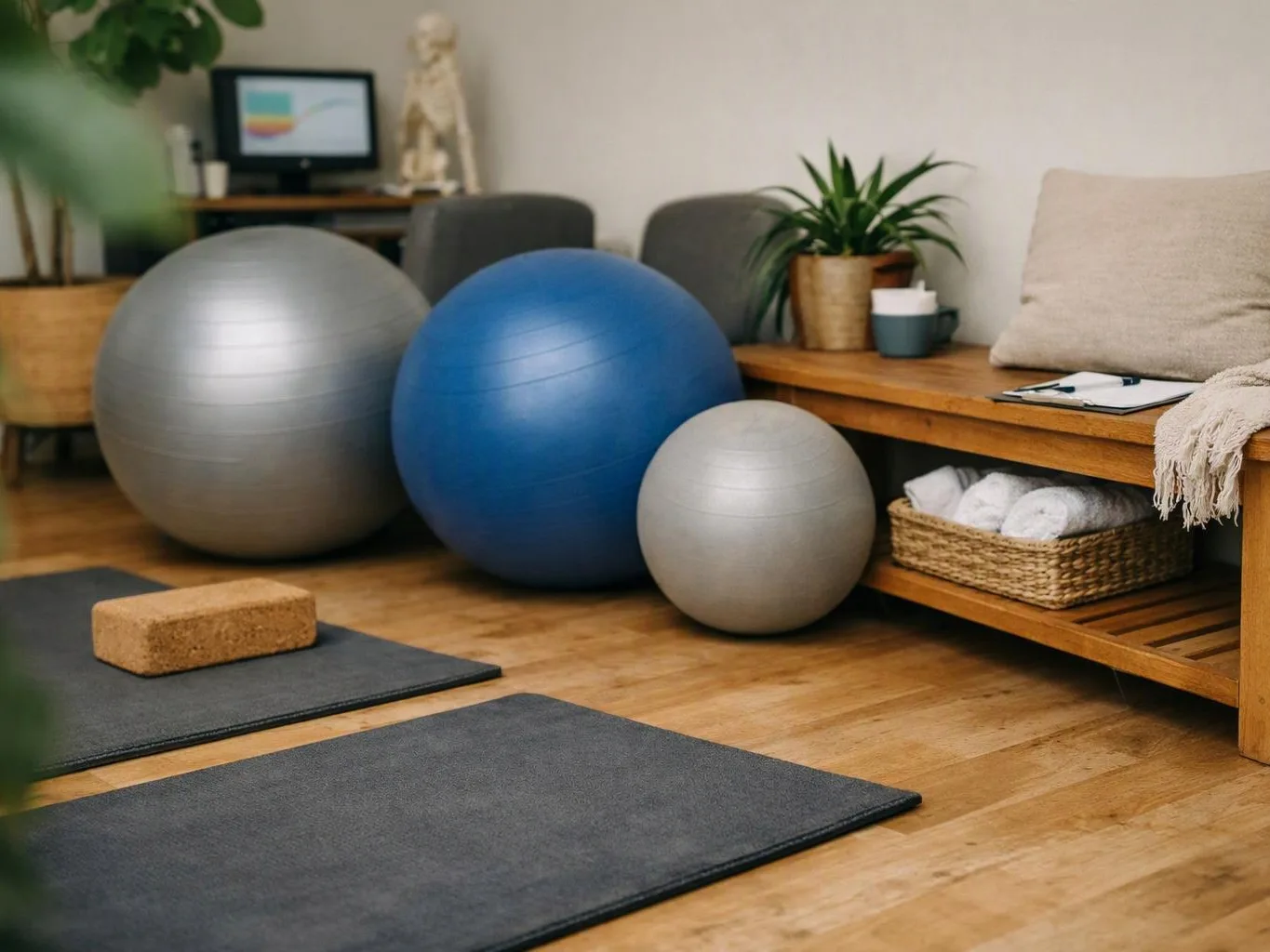 Exercise balls, yoga mats, and a cork block sit in a calm therapy room with a wooden bench