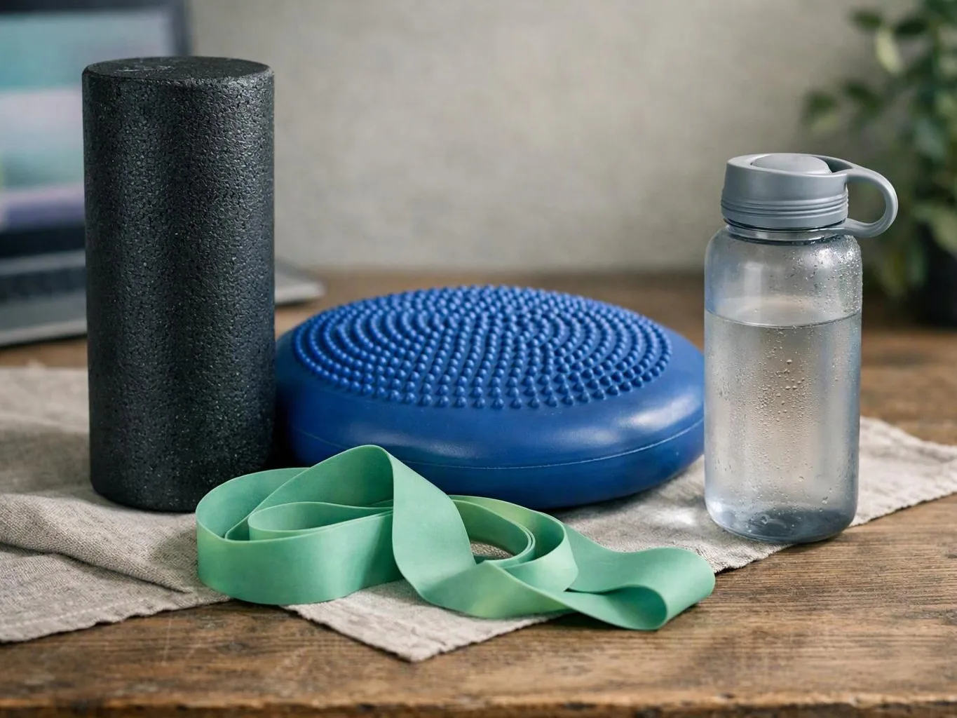 Exercise gear and a water bottle sit on a wooden table, with a yoga mat, foam roller, and balance cushion