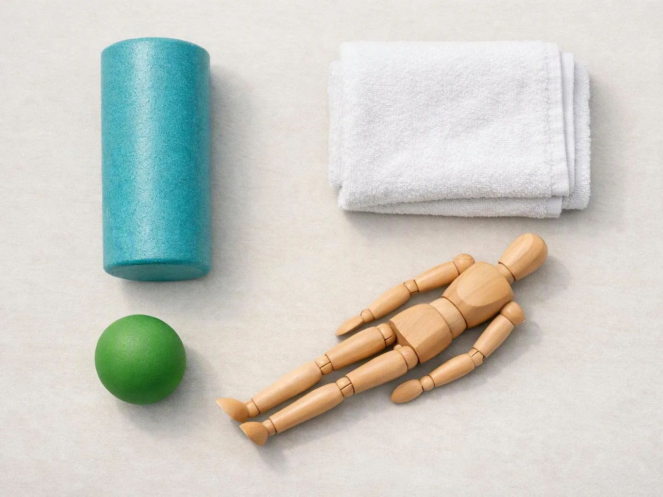 A foam roller, folded white towels, a green massage ball, and a wooden mannequin lie on a light surface