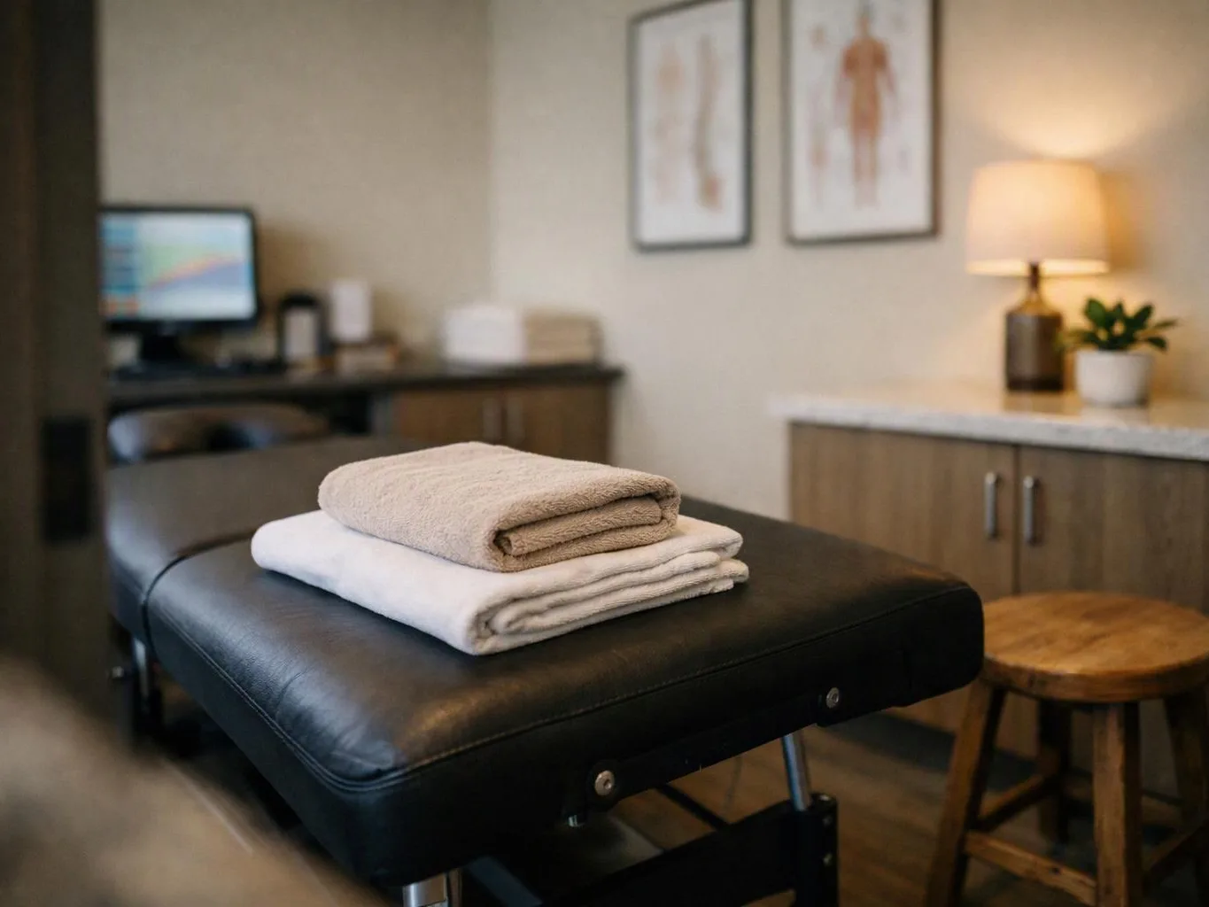 A folded beige towel sits on a black exam table in a softly lit clinic room