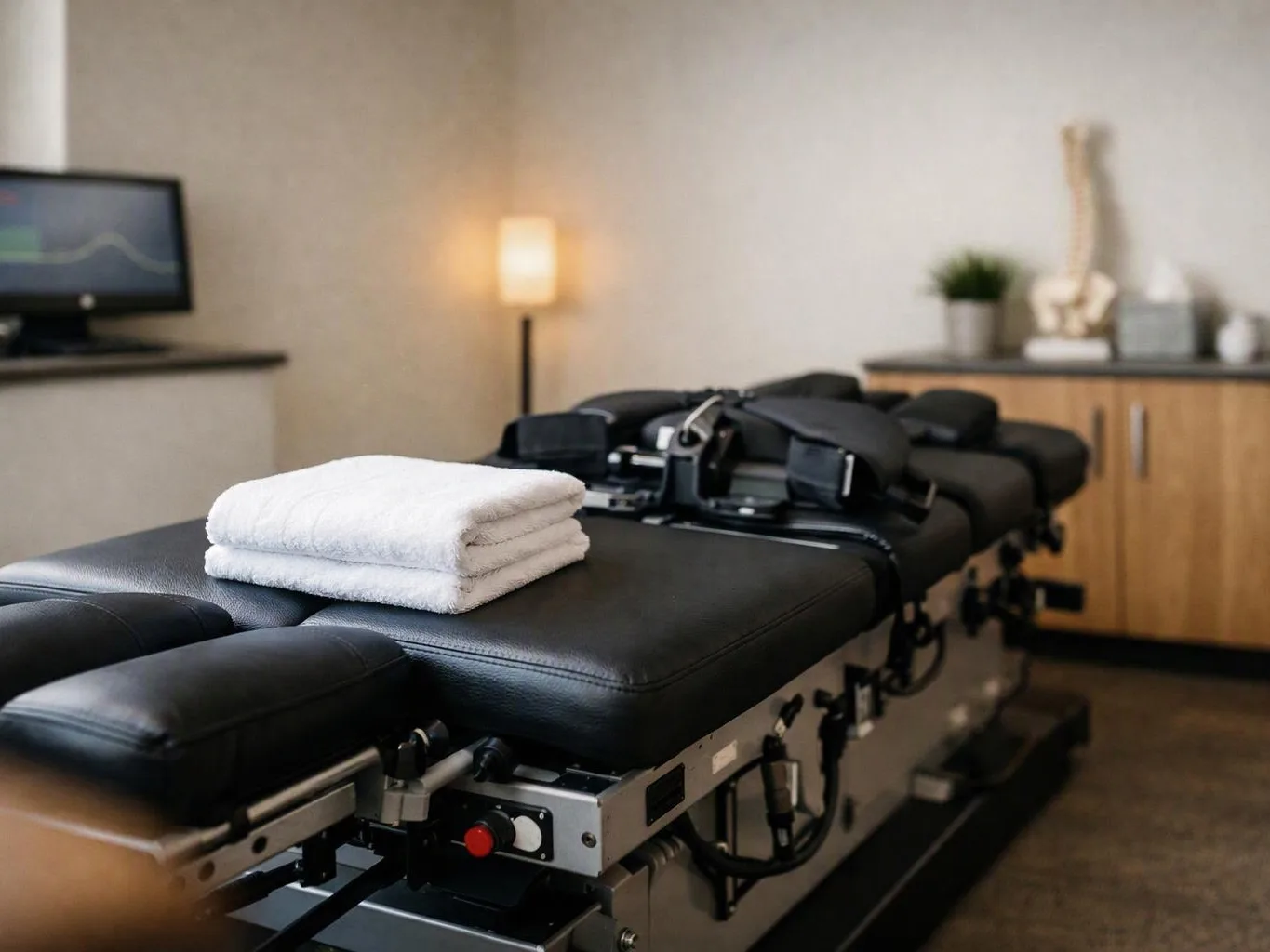 A folded white towel sits on a black padded treatment table in a quiet clinic room