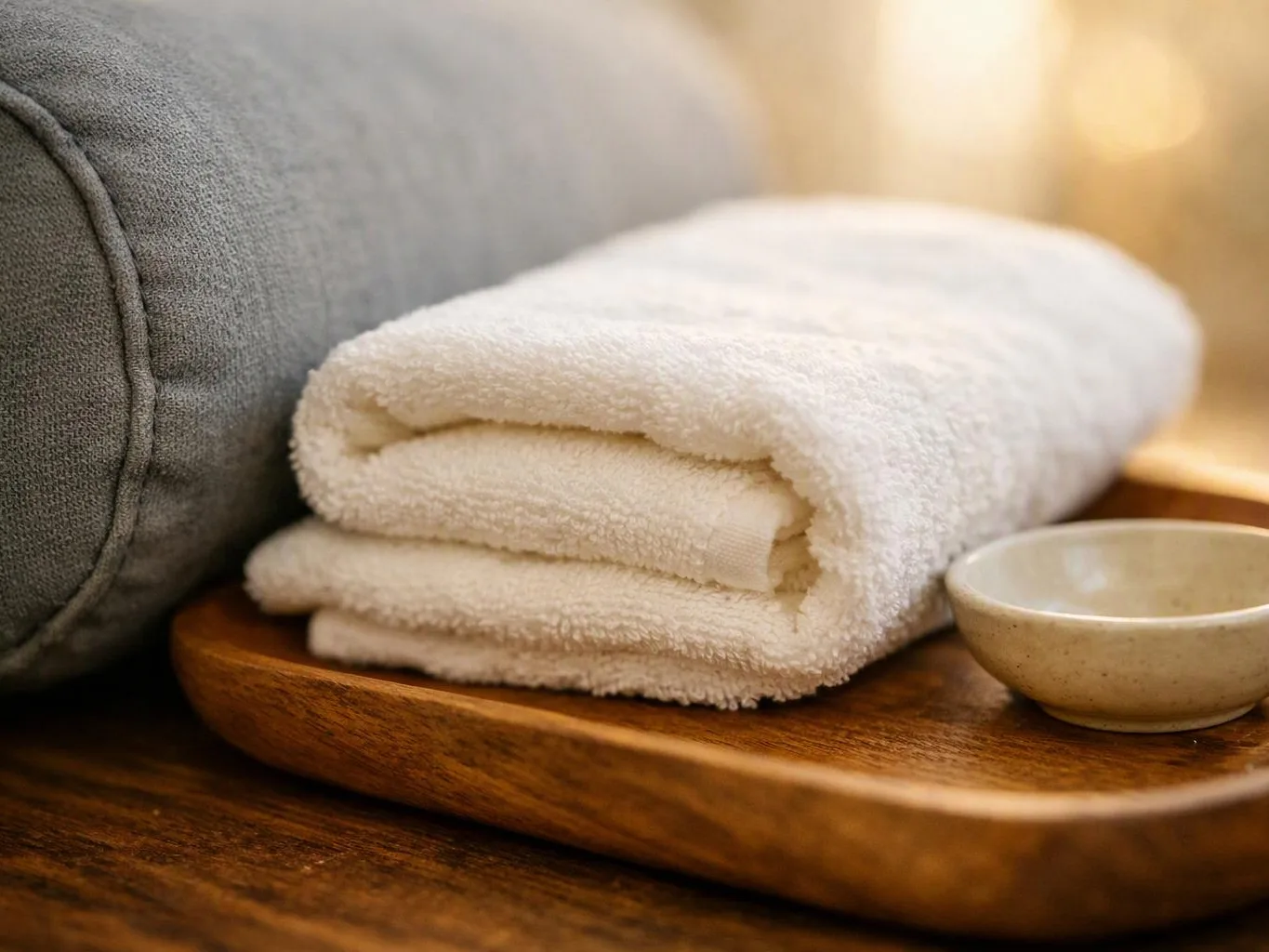 Folded white towels rest on a wooden tray beside a small bowl and gray cushion