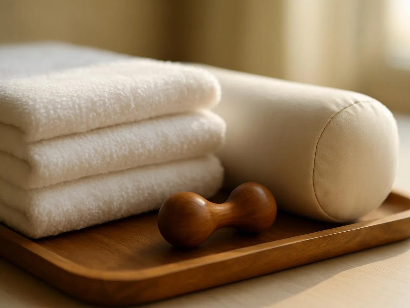 Folded white towels, a wooden massage tool, and a cream bolster rest on a wooden tray in soft light