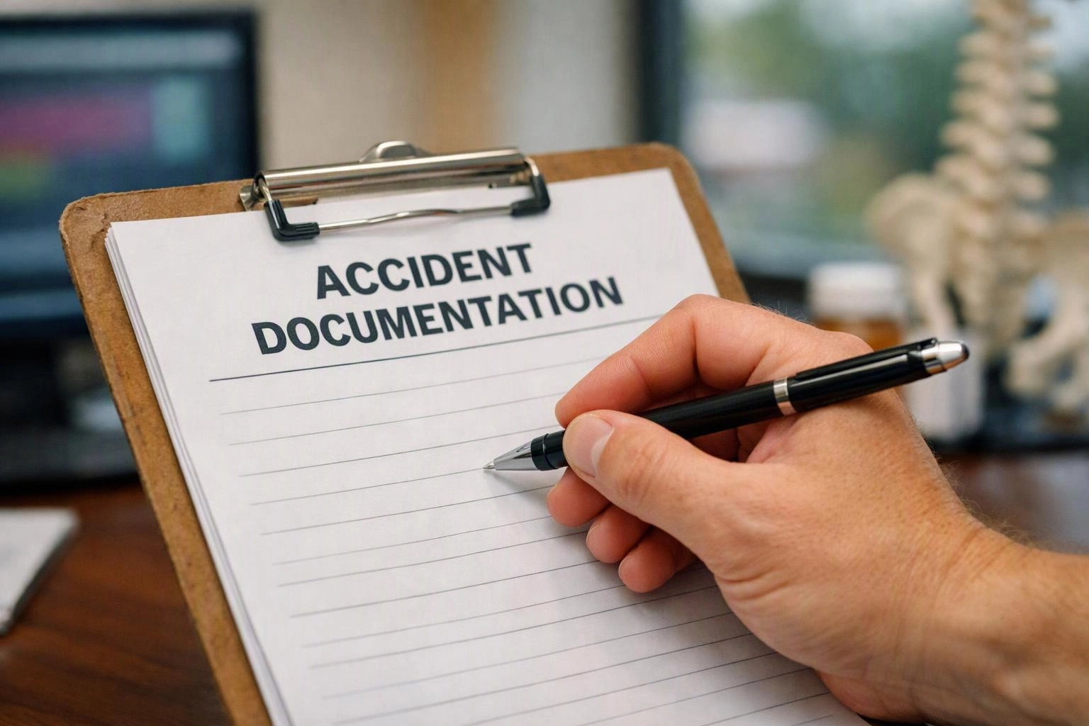 A hand writes on a clipboard form labeled accident documentation at a desk