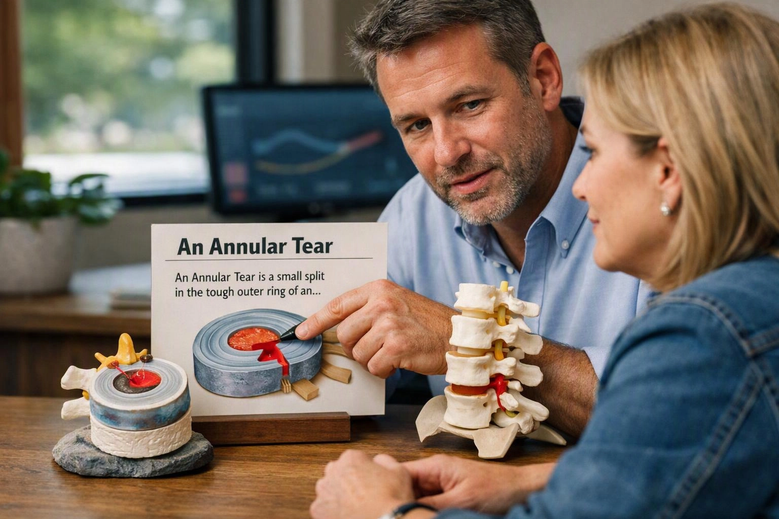 A man points at a spine diagram while speaking with a woman at a desk in an office