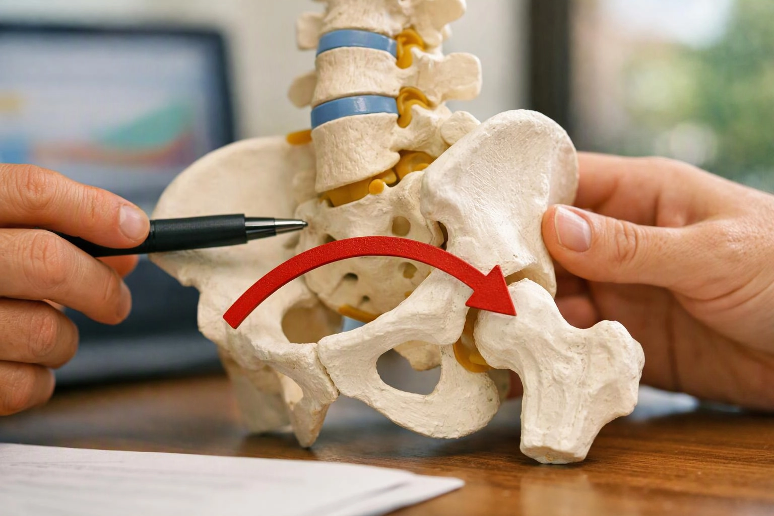 Hands point a pen at a pelvis and spine model with a red arrow on a desk
