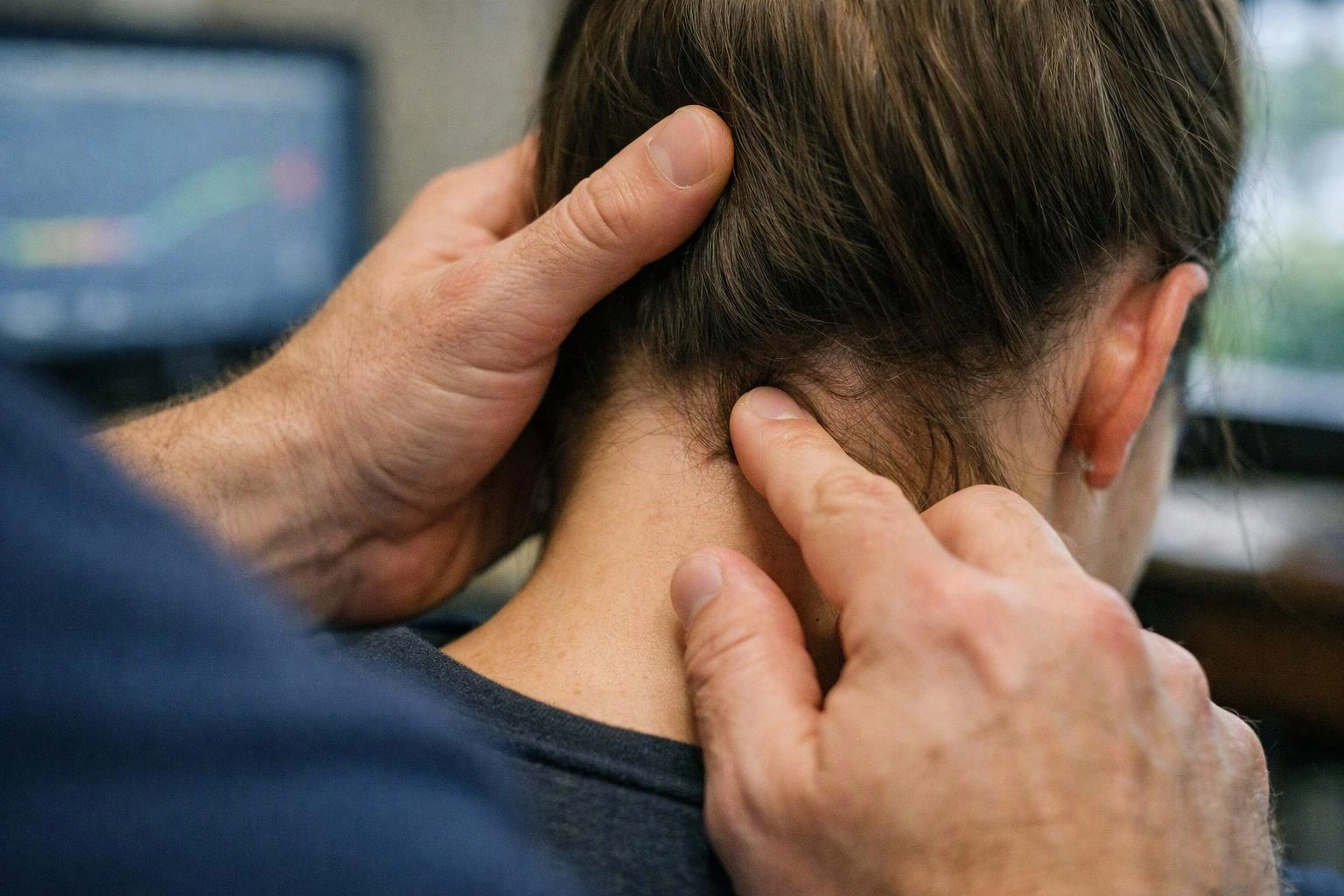 A person examines the back of a woman’s neck with both hands in a clinic-like setting