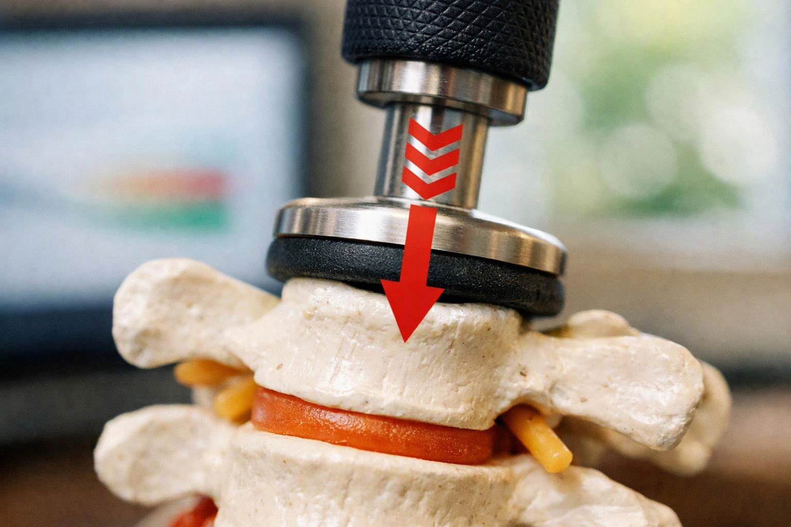 A drill presses a vertebra model, with a red arrow showing downward force on a spinal disc-like piece