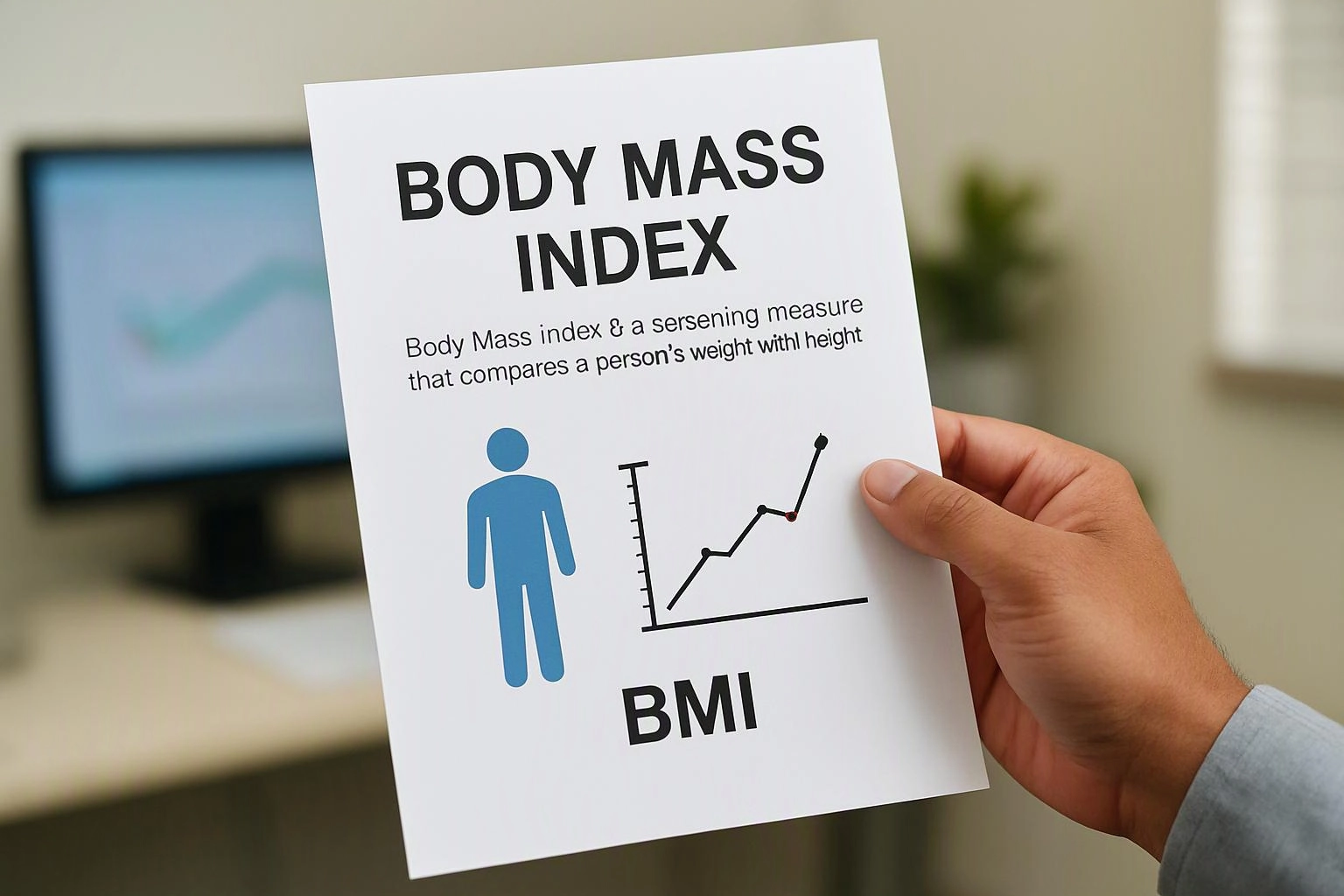 A hand holds a BMI information sheet with a blue figure and rising chart in an office setting