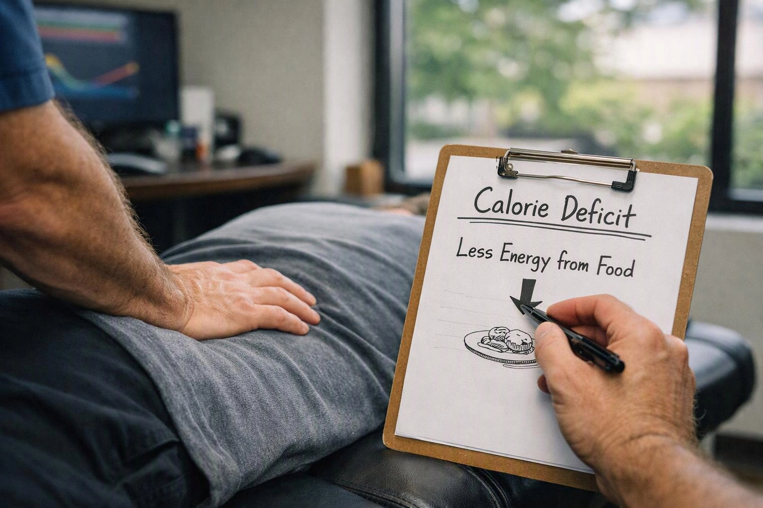 A clinician presses on a patient’s lower back while another hand writes on a clipboard about calorie deficit