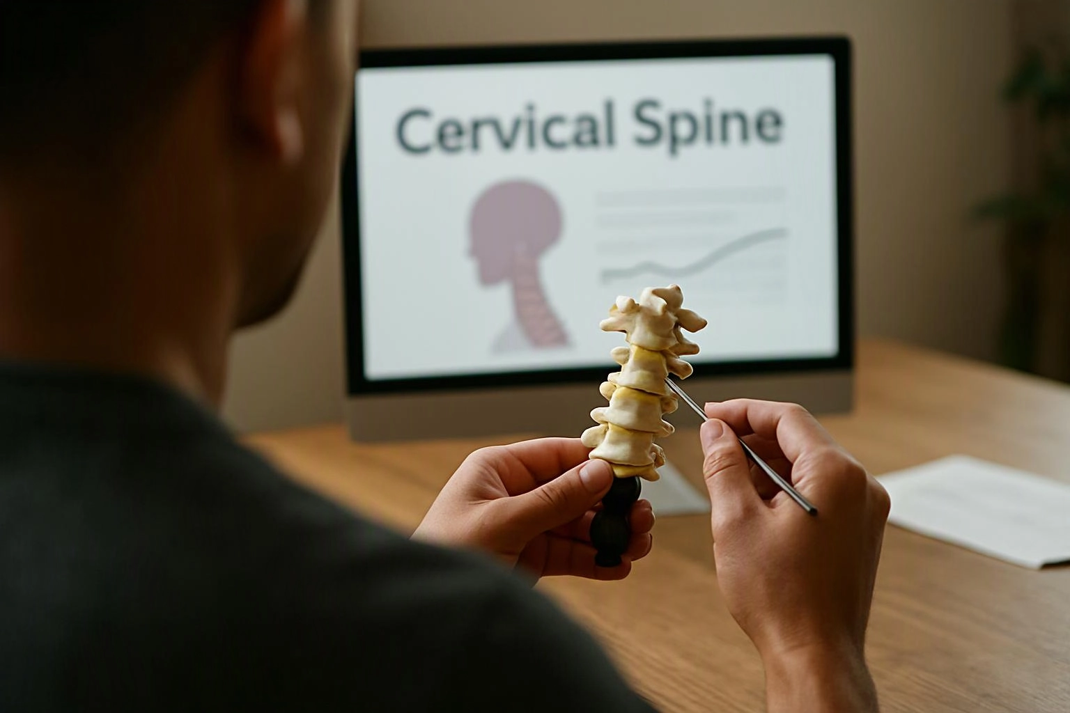 A person examines a cervical spine model with a pointer beside a computer screen showing “Cervical Spine”