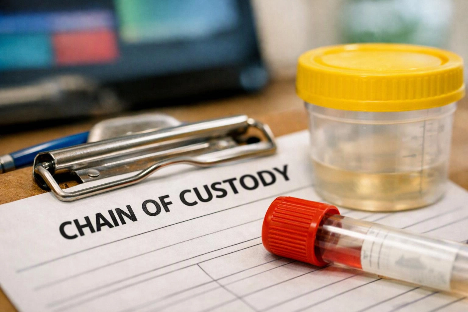 A chain of custody form lies beside evidence containers, a clipped clipboard, and a capped sample tube on a desk