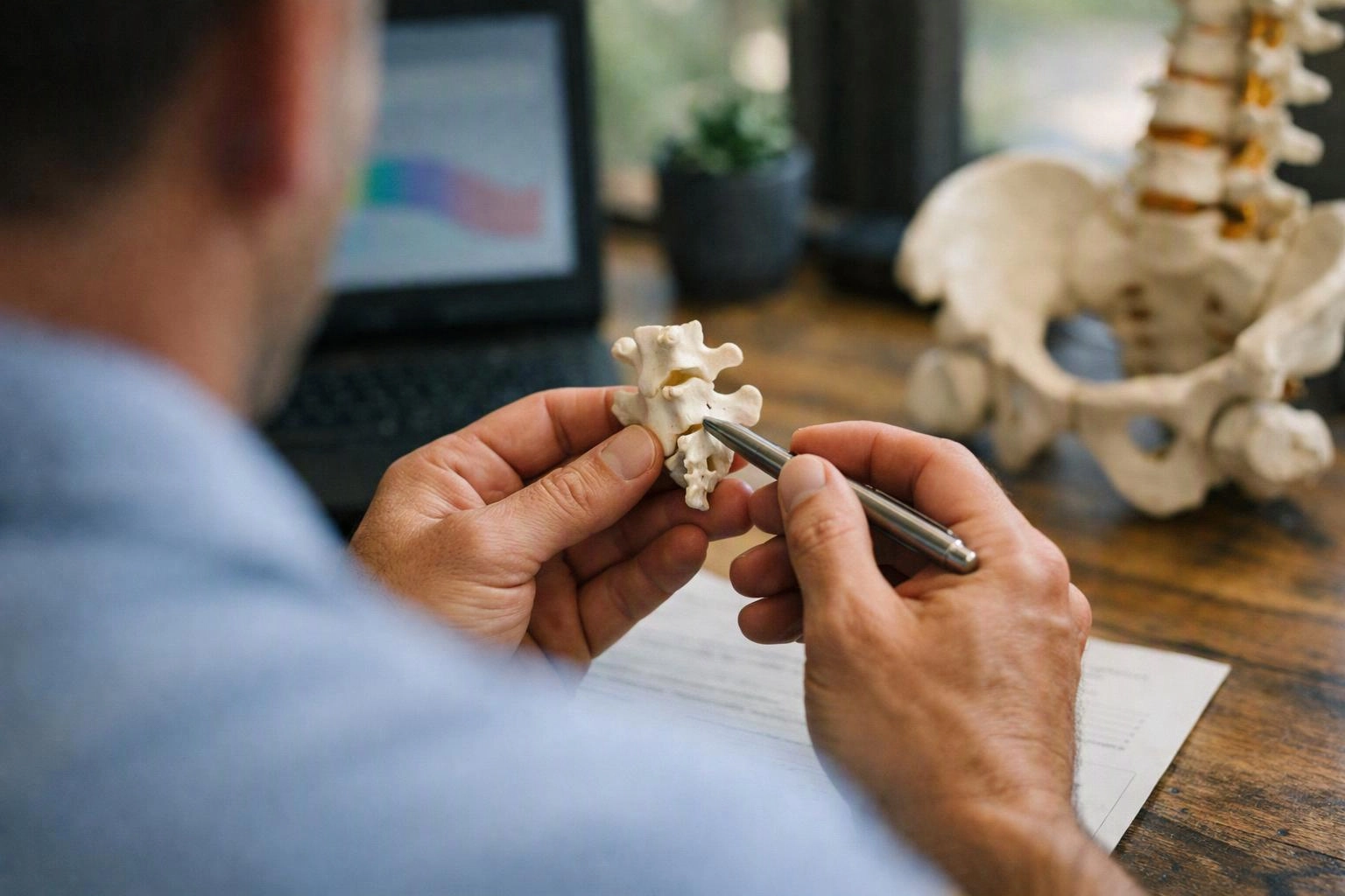 A person examines a small spine bone model with a pen at a desk beside a larger skeleton model and laptop
