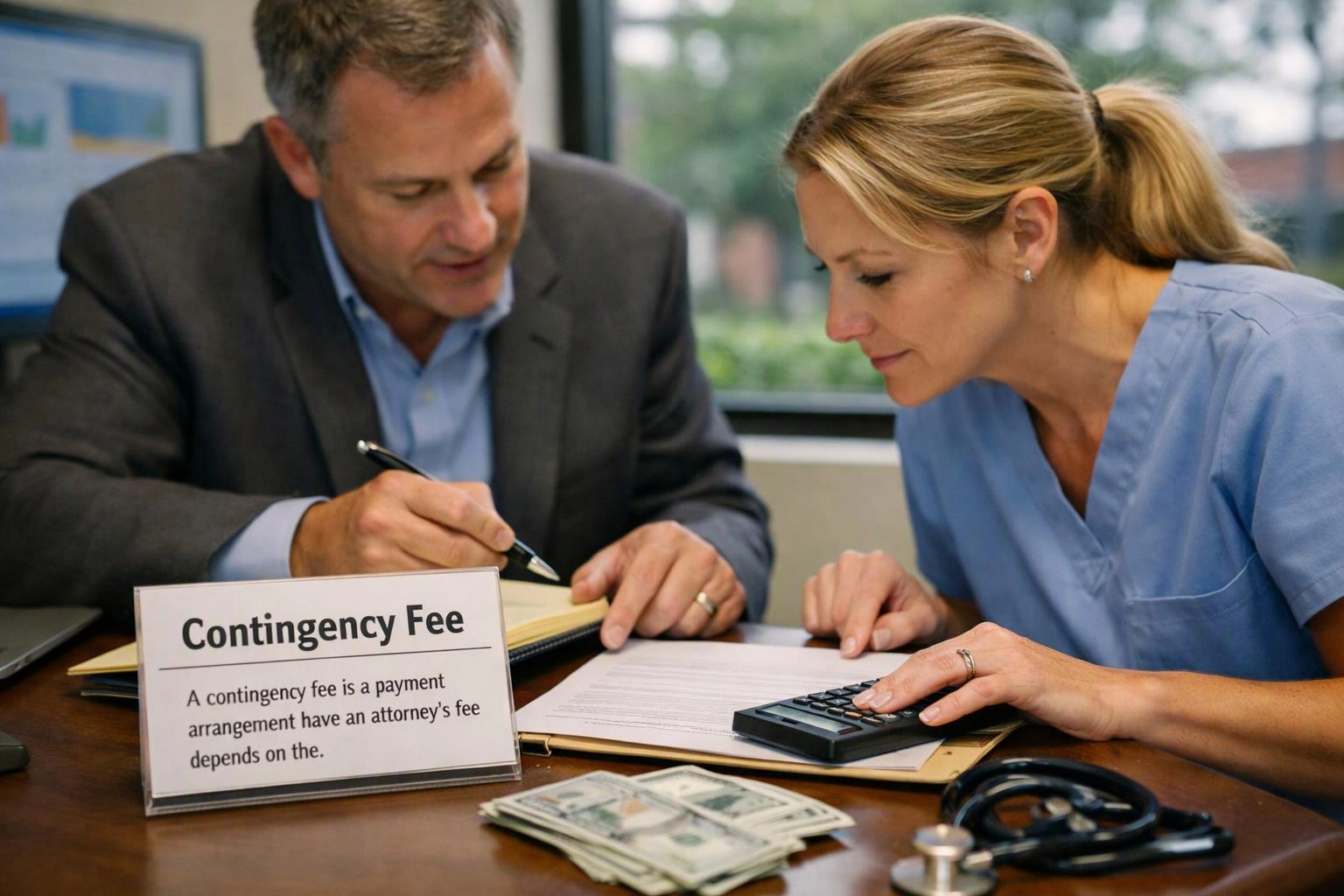 A man and woman in an office review papers and a calculator beside a sign reading "Contingency Fee"
