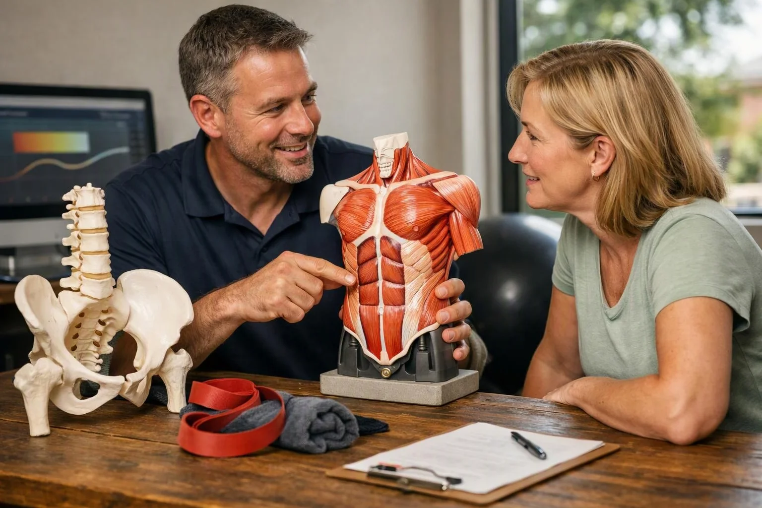A man points to a muscle anatomy model while talking with a woman at a wooden table with a spine model and exercise bands