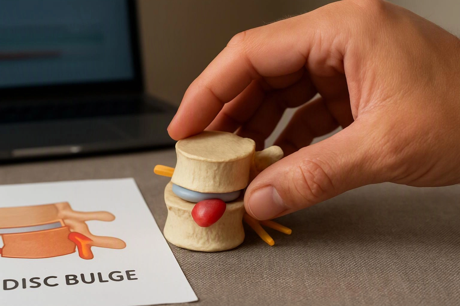 A hand holds a small spine model beside a card labeled “DISC BULGE” on a table