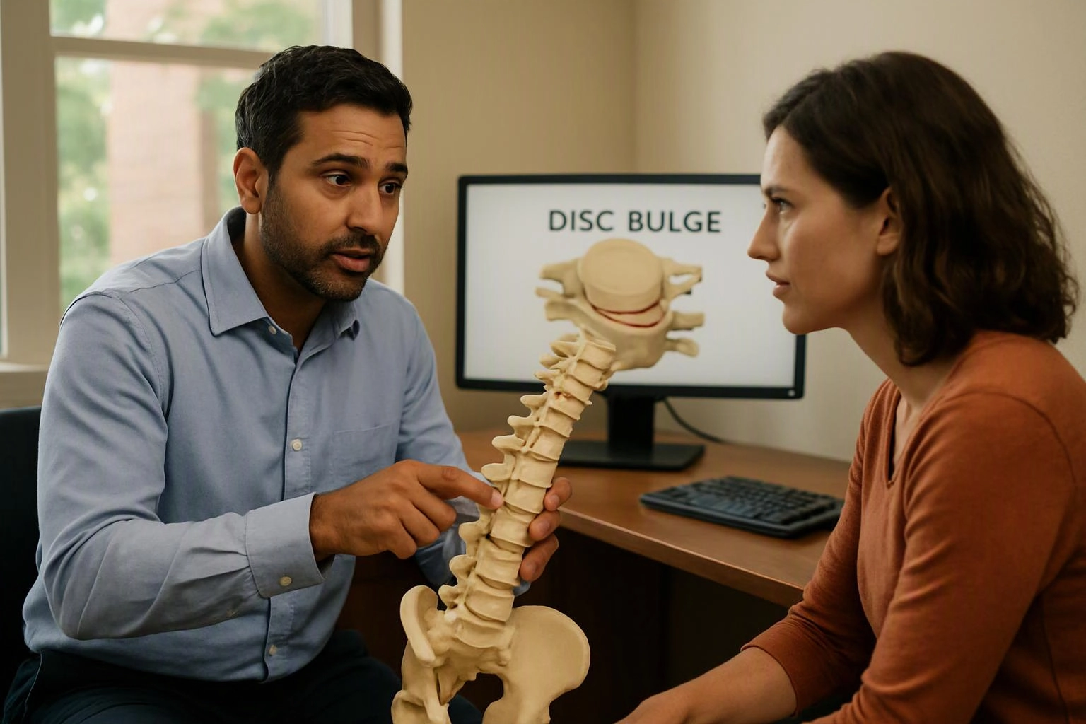 A man shows a woman a spine model in an office while a monitor behind them reads “DISC BULGE”