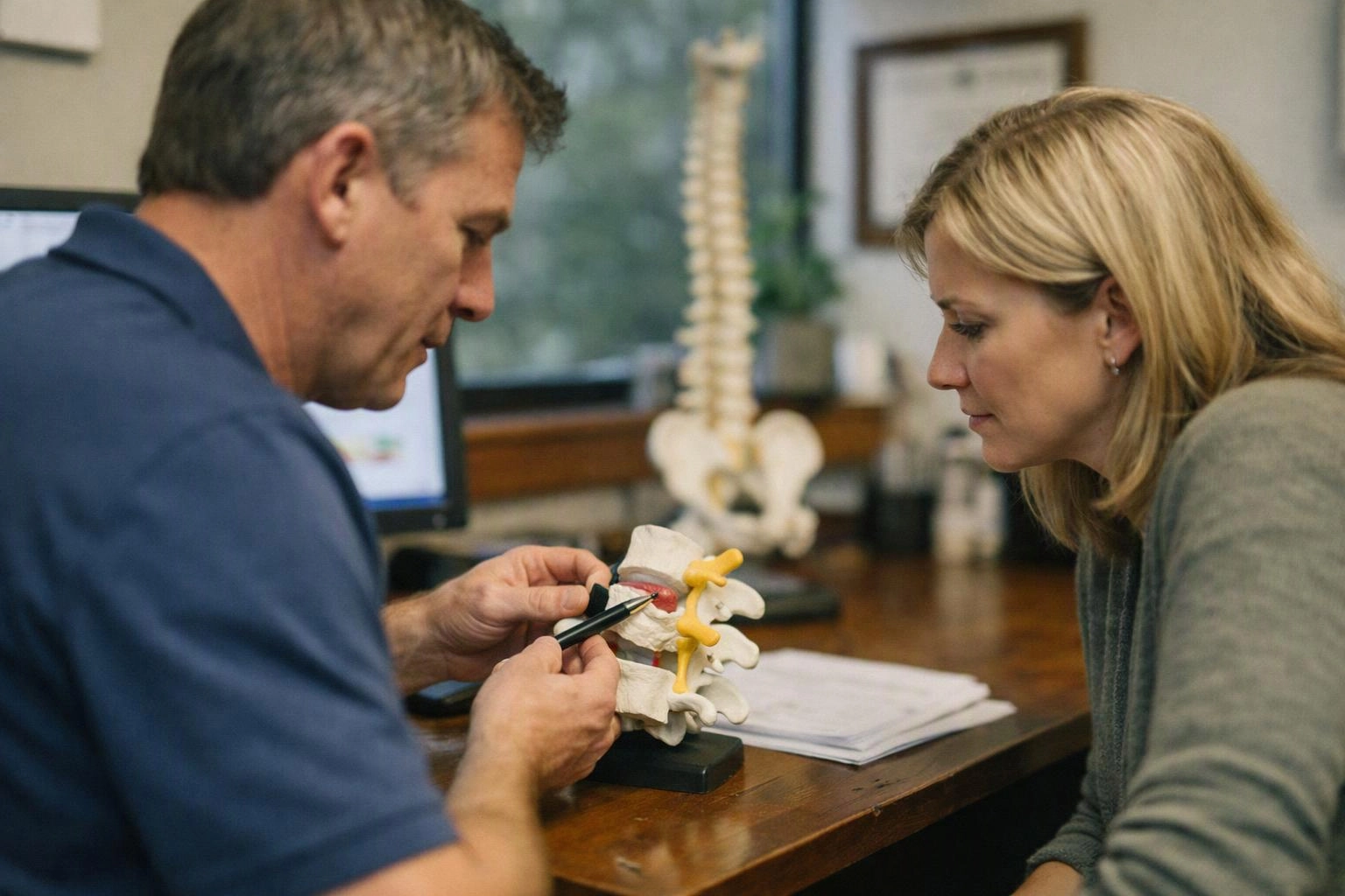 A doctor points at a spine model while a woman watches across a desk in an exam room