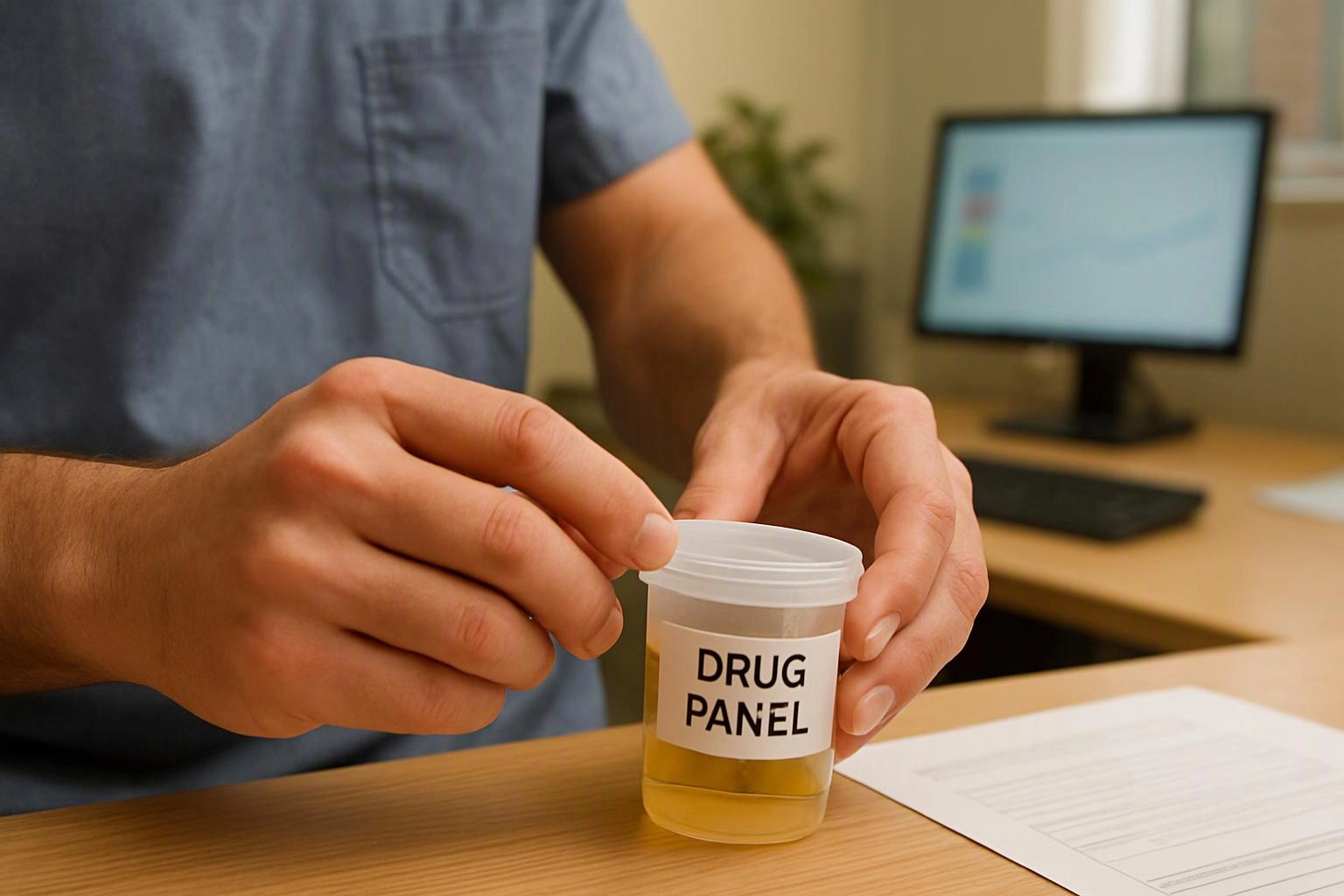 A person in a blue shirt closes a sample cup labeled "DRUG PANEL" on a desk
