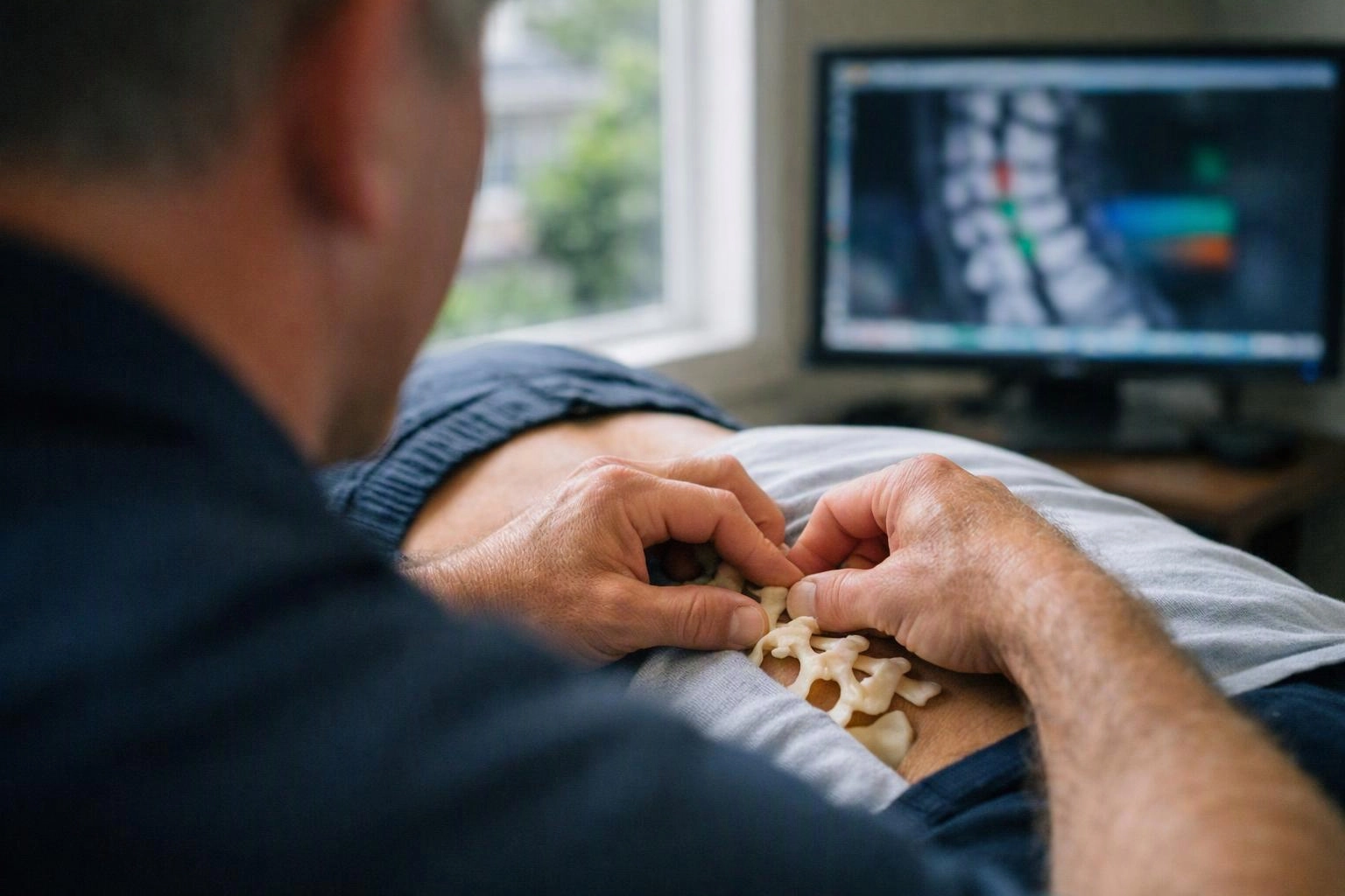 A clinician adjusts a spine model on a patient’s back beside a computer scan in a bright room