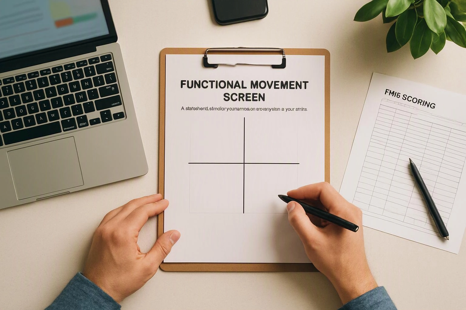 Hands hold a pen over a clipboard marked Functional Movement Screen beside a laptop and scoring sheet on a desk