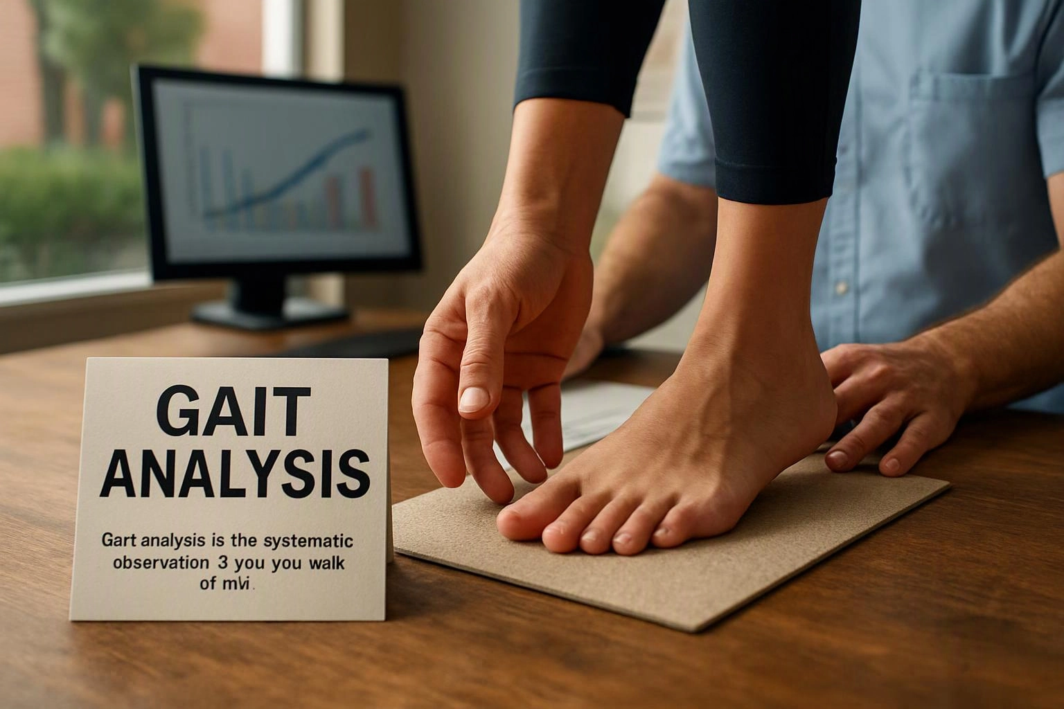 A foot stands on a mat while a hand checks alignment beside a gait analysis sign at a desk