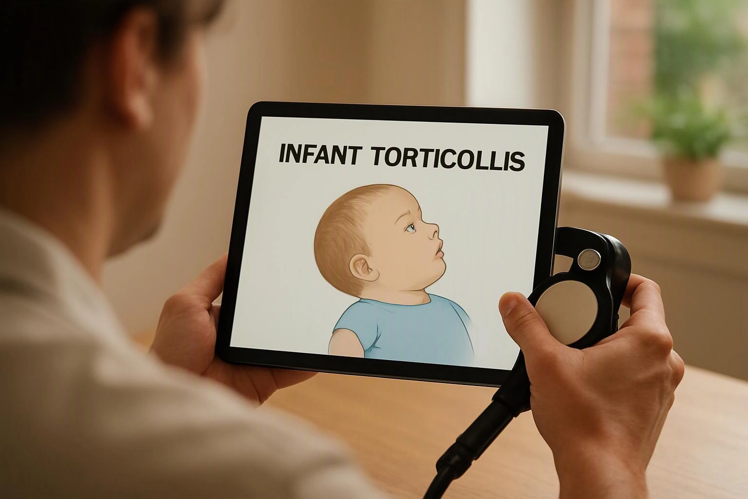A person holds a tablet showing an infant neck illustration and the words “INFANT TORTICOLLIS”