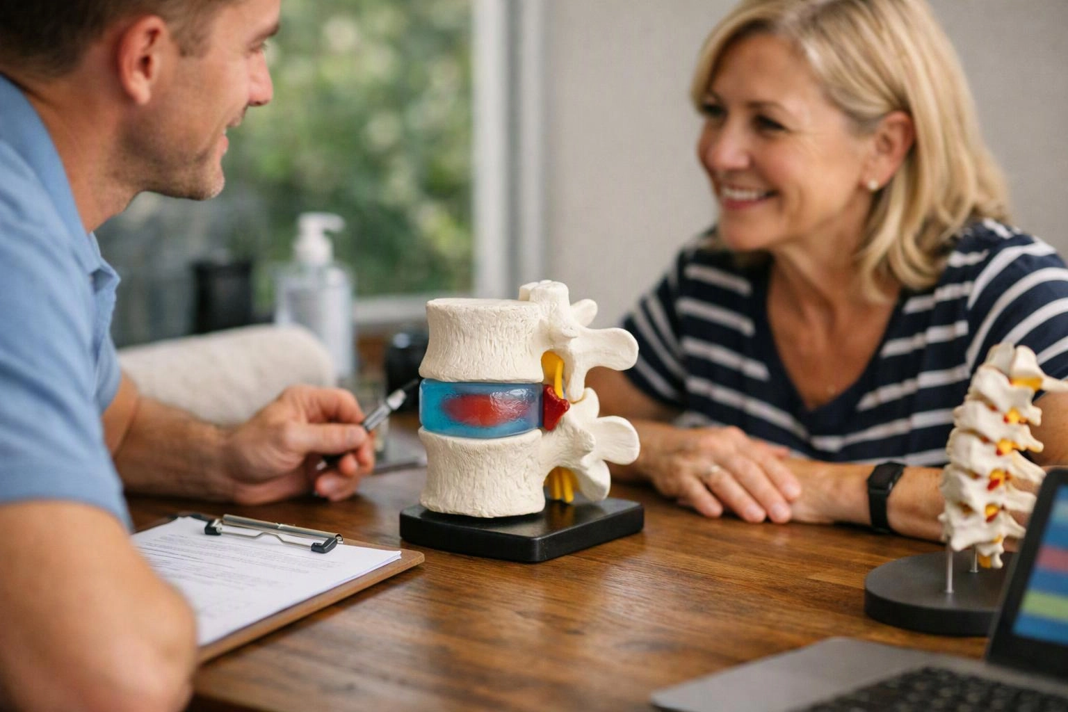 A man shows a spine model to a smiling woman across a wooden desk in a bright office