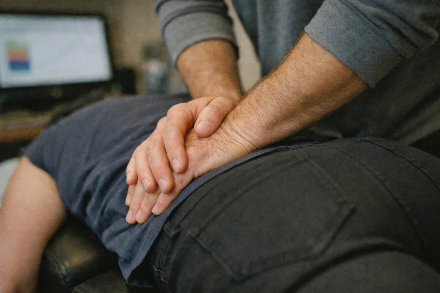 A person leans over another person and holds their lower back with both hands indoors