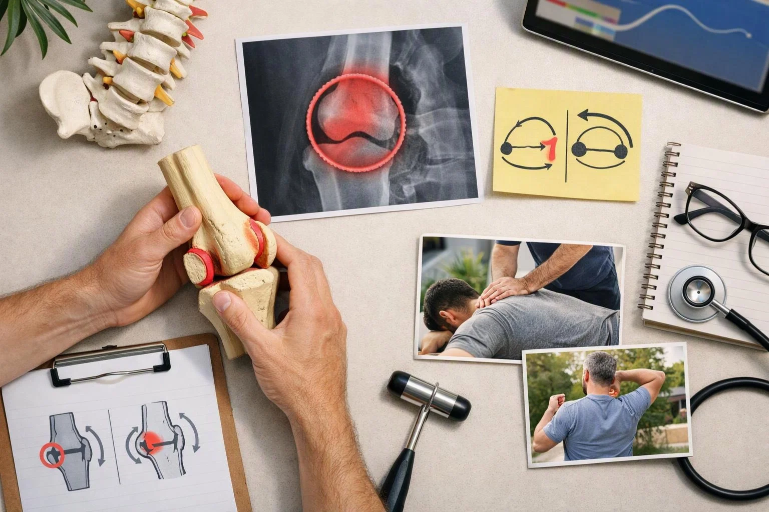 Hands hold a knee joint model beside X-ray prints, medical tools, and photos of back and shoulder treatment