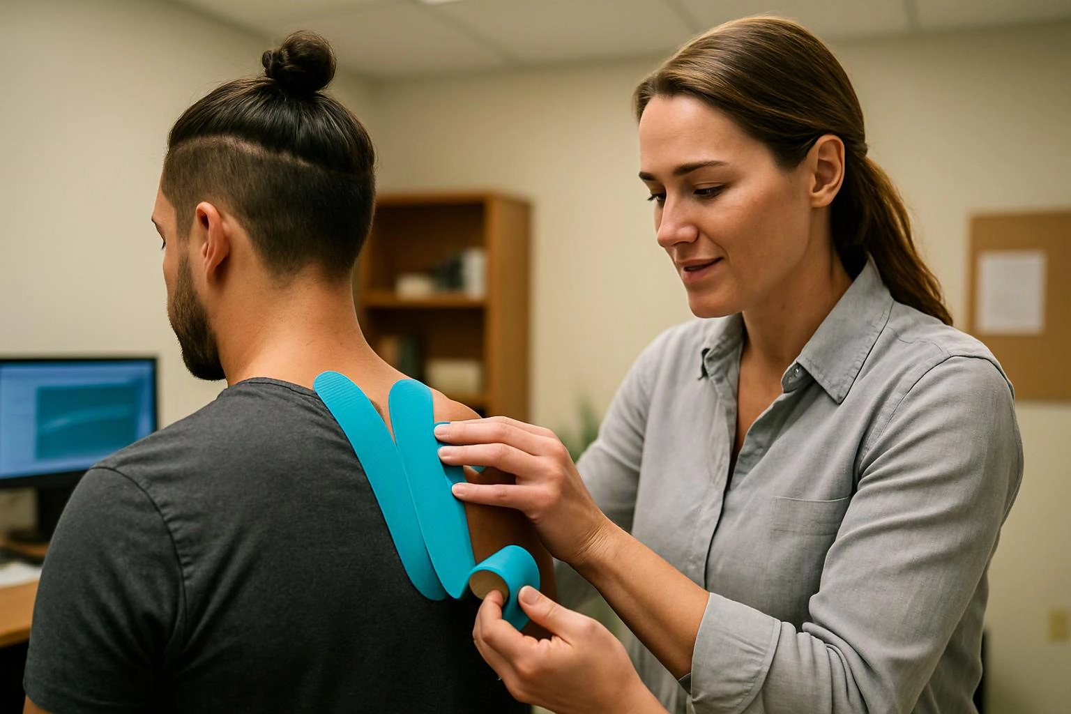 A woman applies blue kinesiology tape to a seated man's upper back in a clinic room