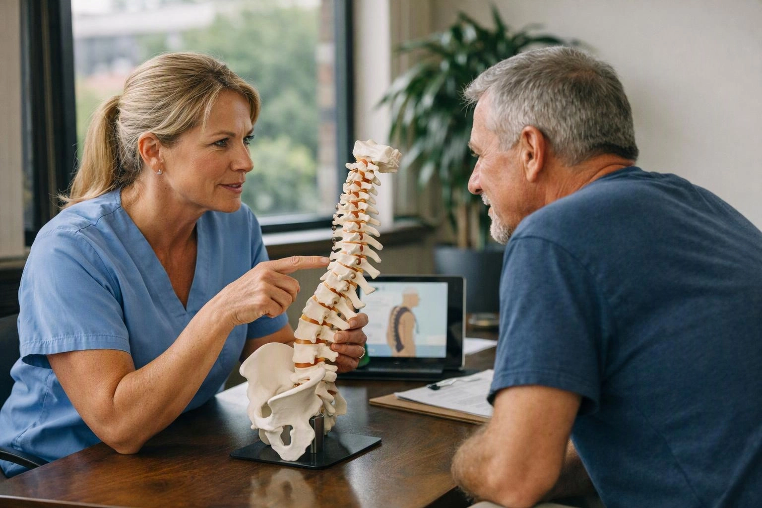 A clinician in blue scrubs points to a spine model while talking with a seated man in a clinic office