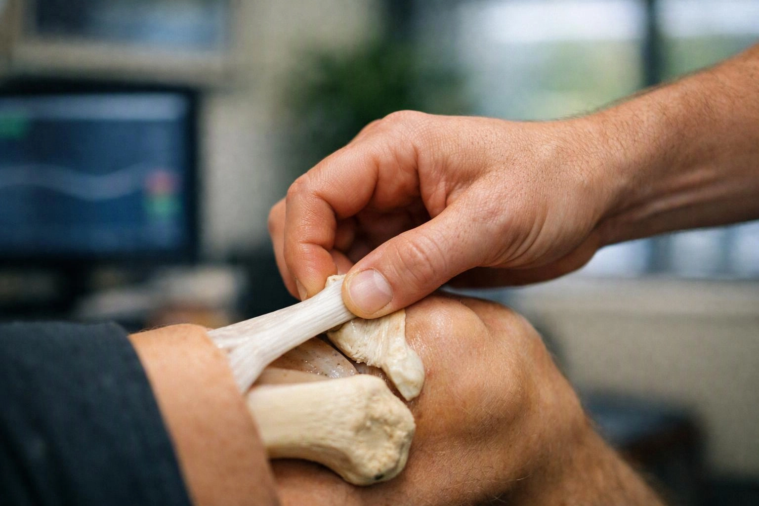 A hand stretches a white rubbery material across another hand’s knuckles in a close-up indoor scene