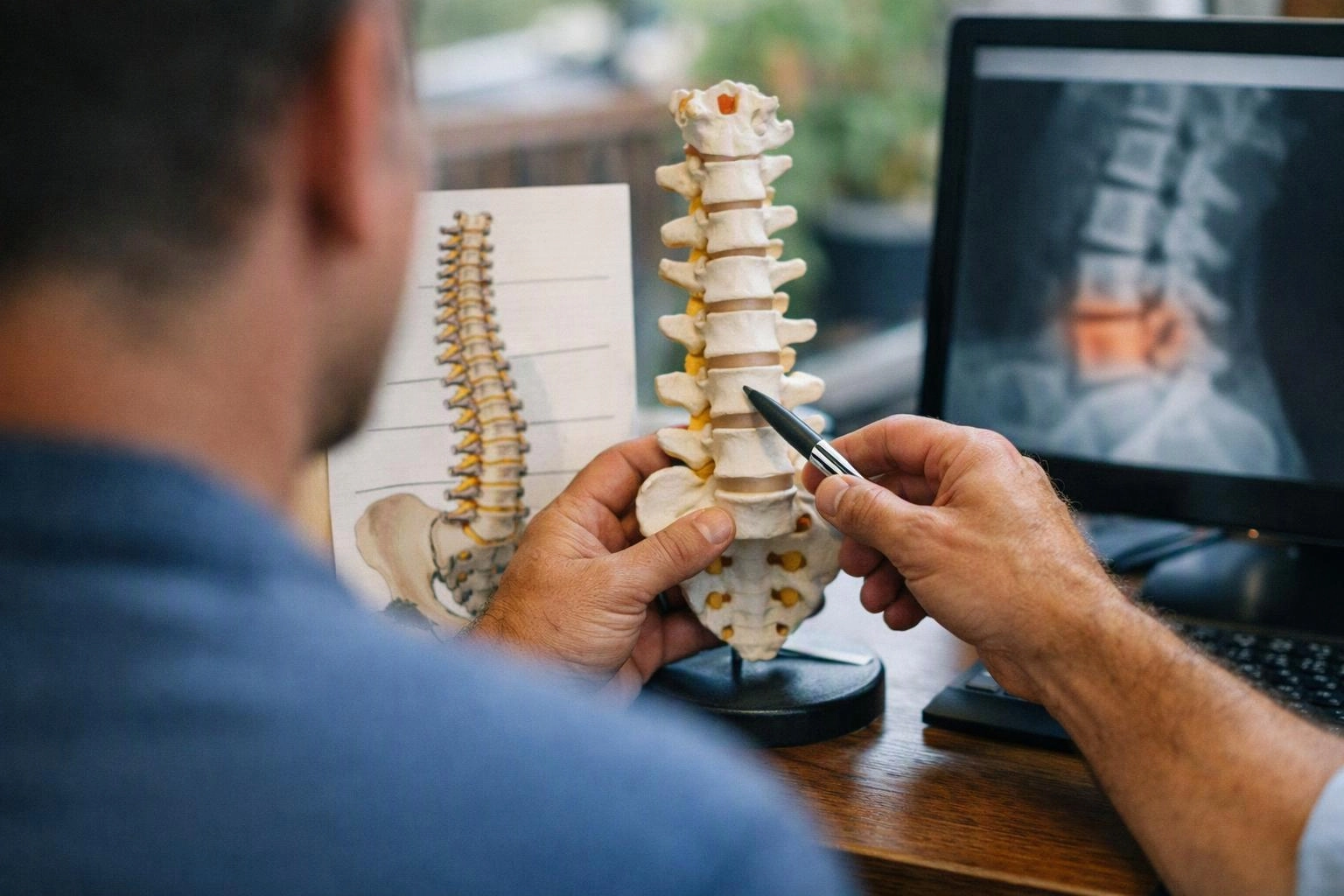 A doctor points to a spine model beside an X-ray on a desk in a clinic