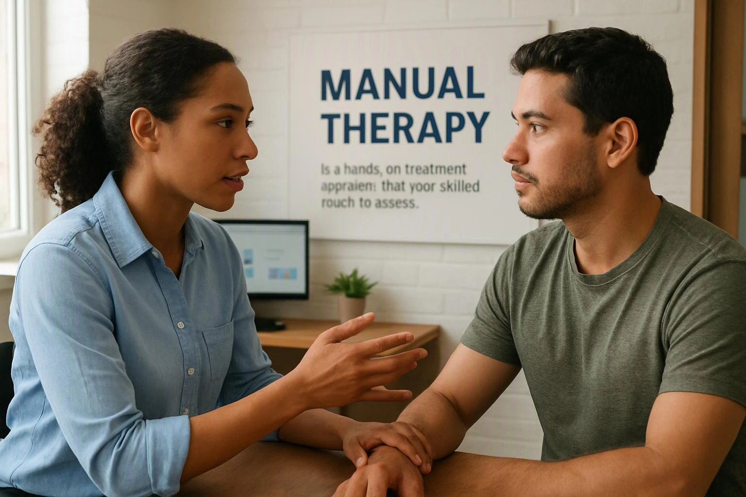 Two people sit at a desk and talk in a therapy office, with a “MANUAL THERAPY” poster behind them