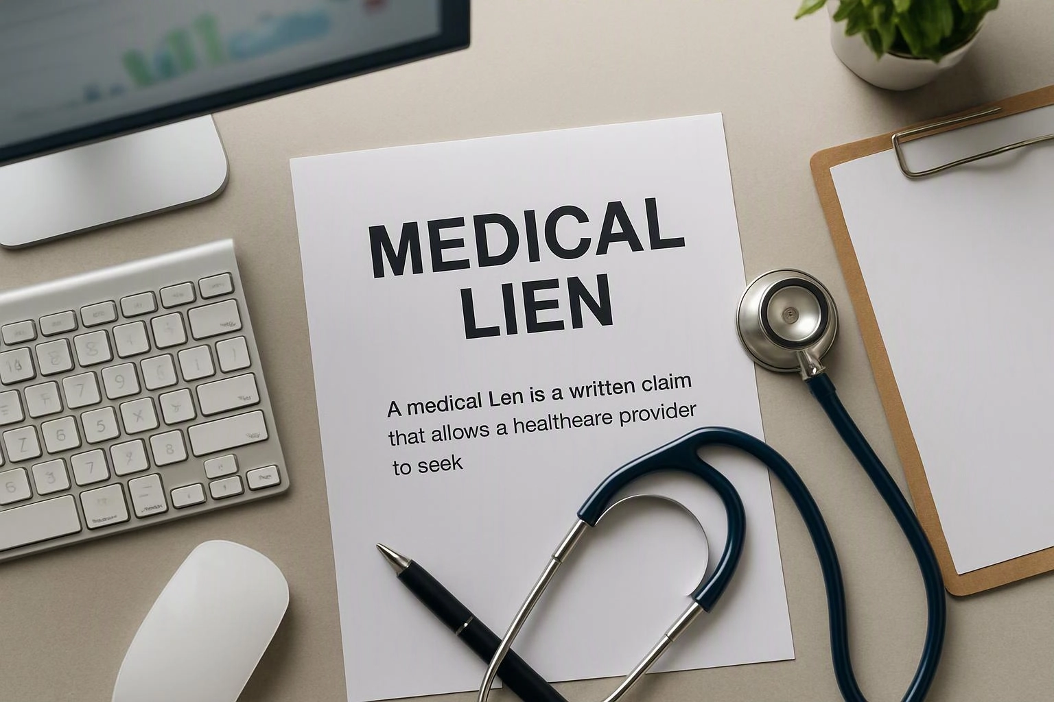 A desk shows a paper titled “MEDICAL LIEN” with a keyboard, stethoscope, mouse, clipboard, and monitor nearby