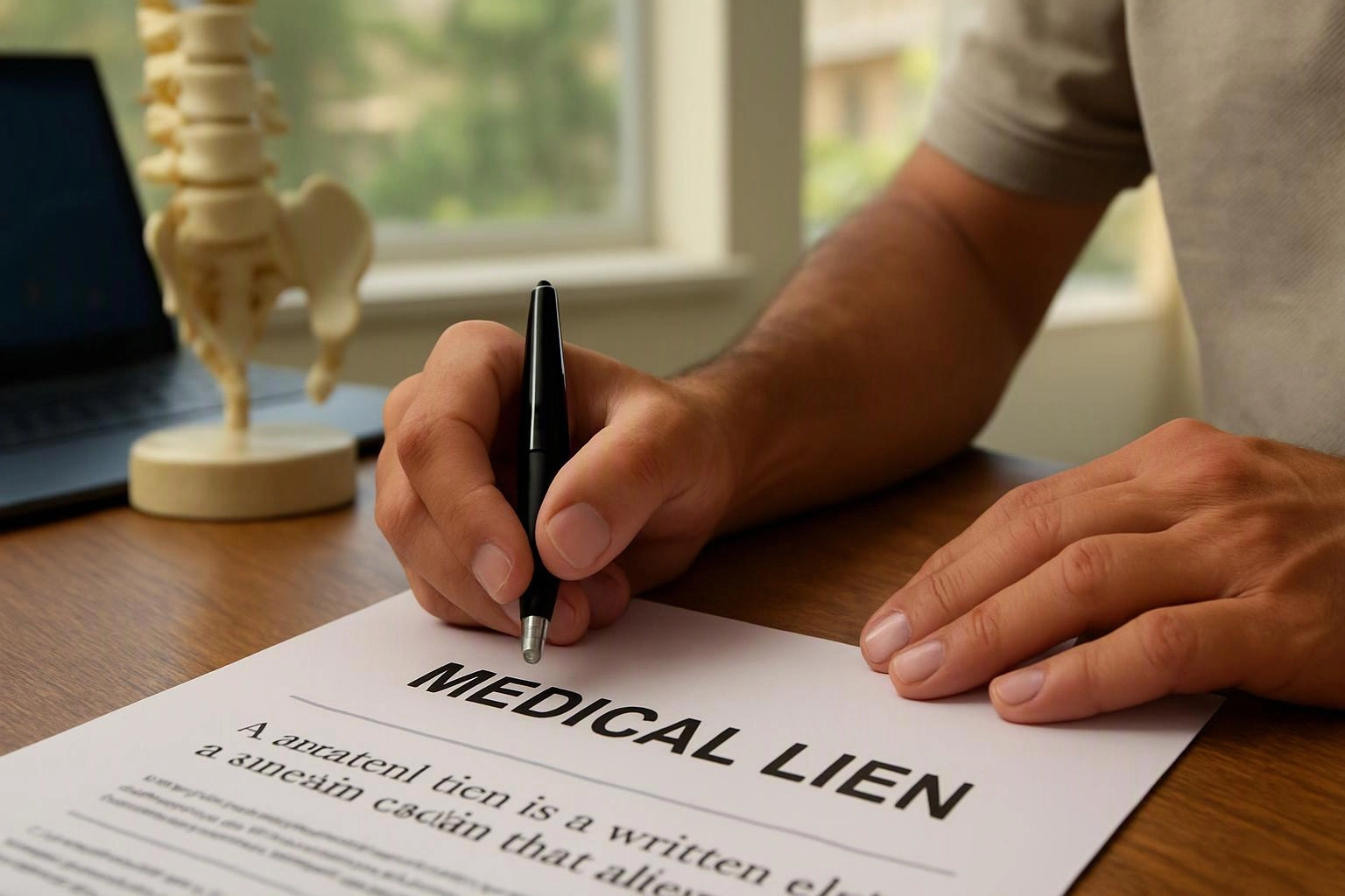 A person signs a medical lien document at a wooden desk beside a laptop and spine model