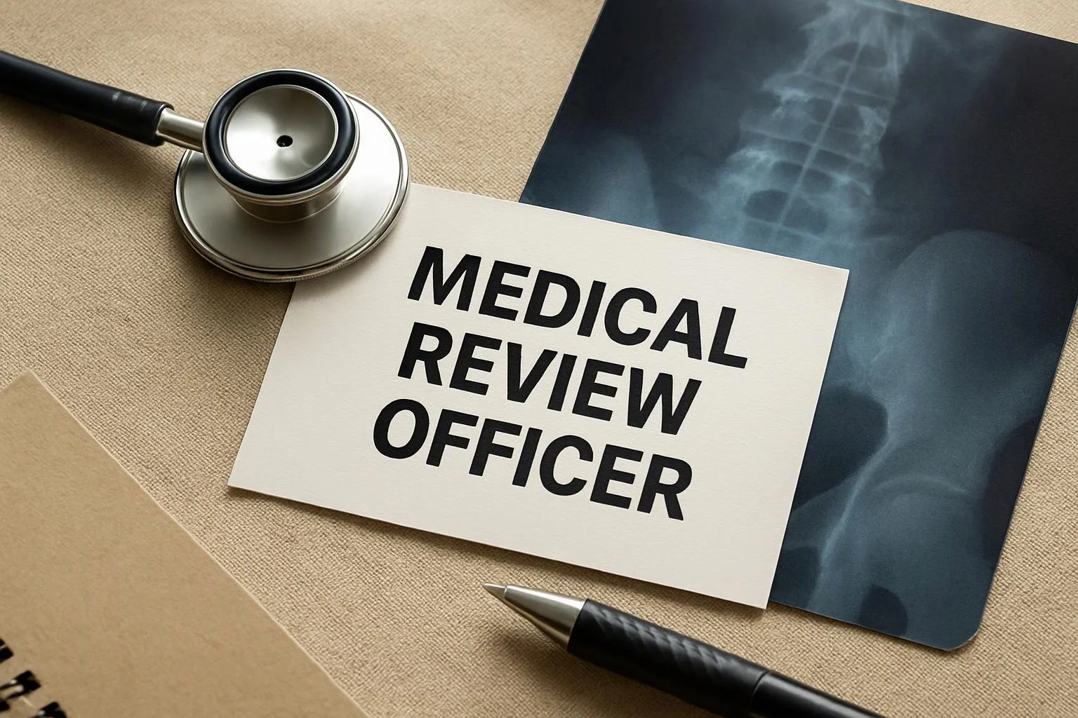 A stethoscope, pen, and spine X-ray sit beside a card reading “MEDICAL REVIEW OFFICER”